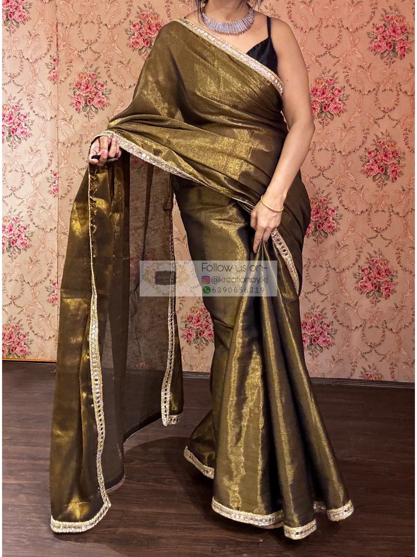 Black Tissue Mirage Saree Cut Mirror Border kreationbykj