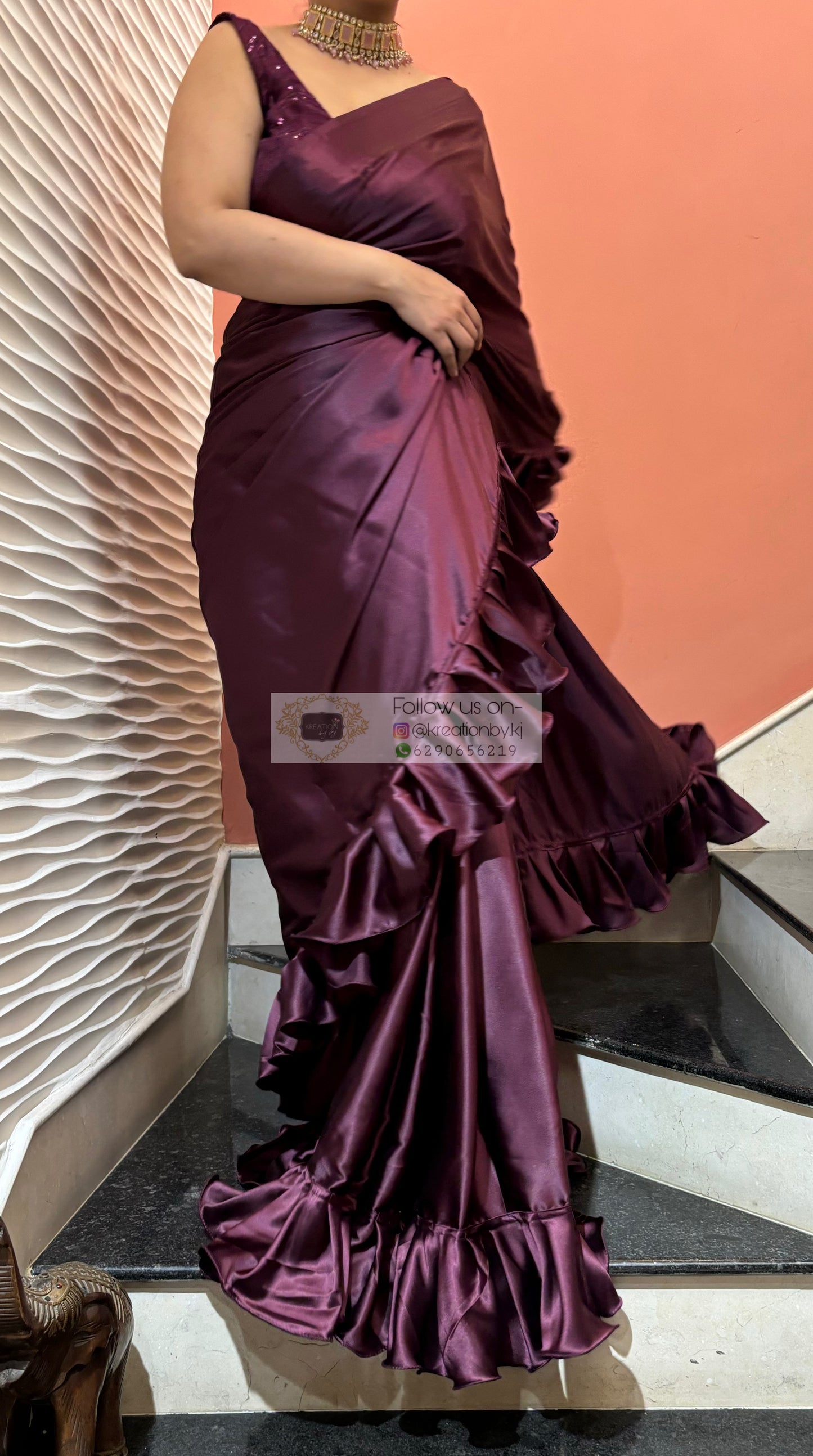 Dark Eggplant Wine Satin Silk Ruffle Saree