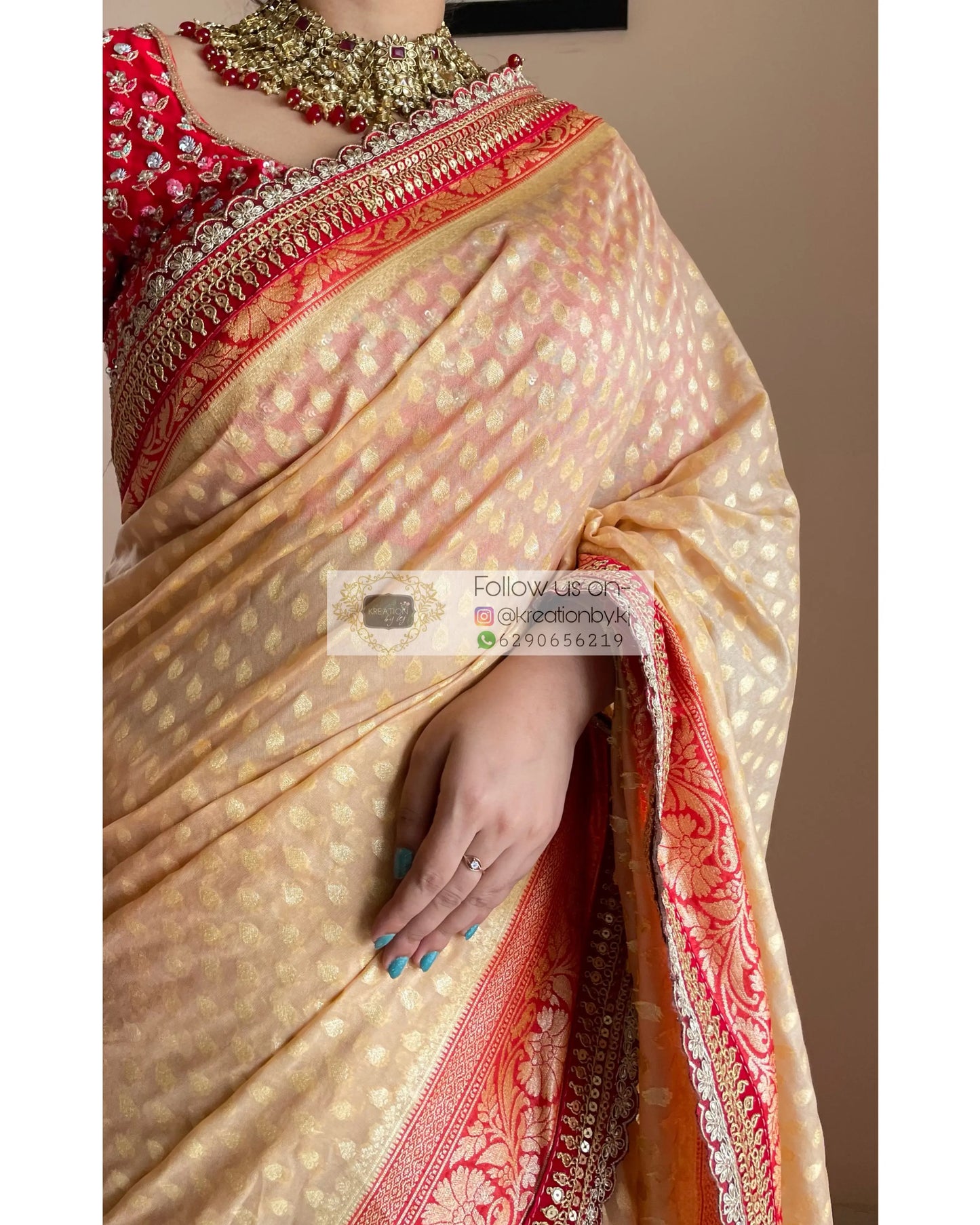 Beige Banarasi Georgette Saree with Red Border for Puja kreationbykj