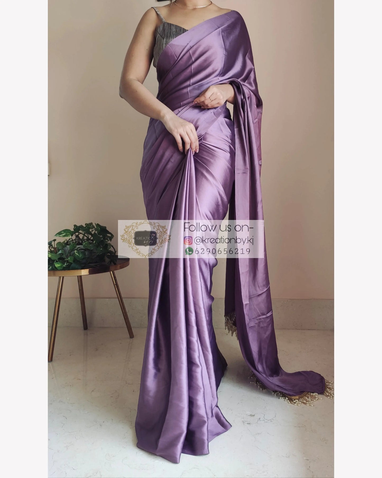 Heather Satin Silk Saree With Handmade Tassels On Pallu kreationbykj.in