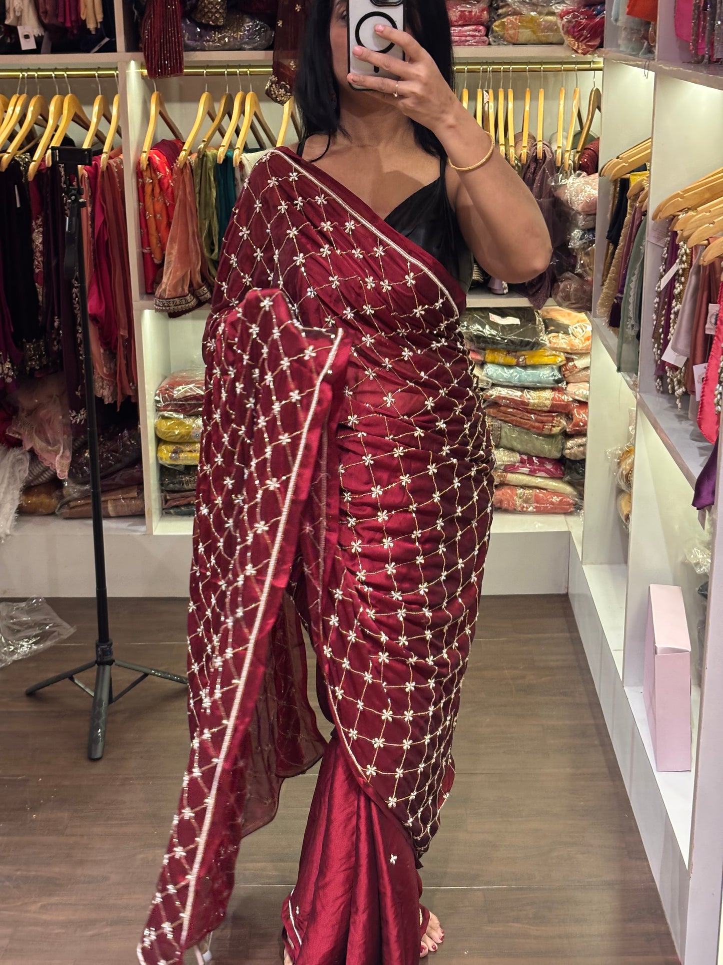 Maroon Georgette Cutdana Jaal Saree - kreationbykj