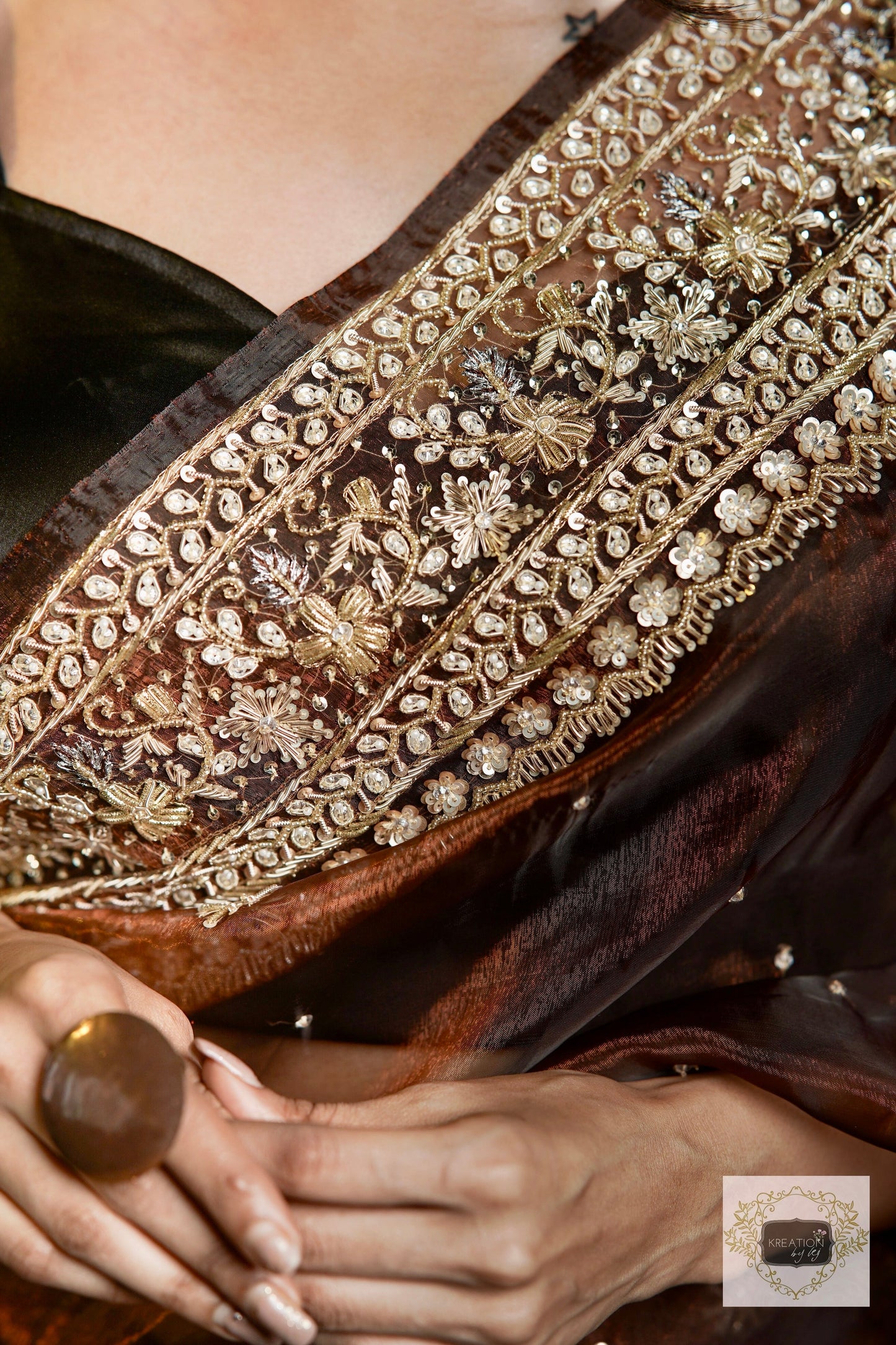 Nazakat Copper Glass Tissue Saree For Wedding kreationbykj