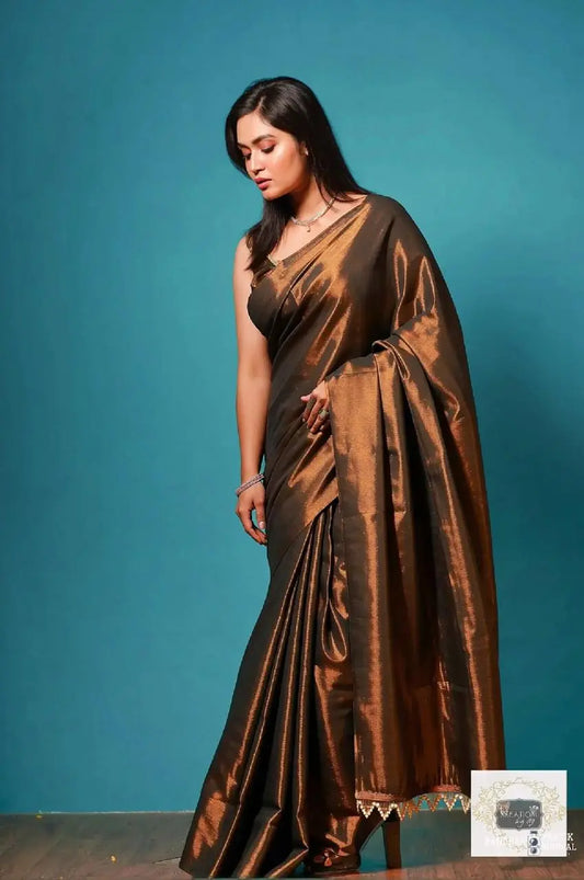 Copper Bronze Cotton Tissue Saree With Tassels in Pallu kreationbykj