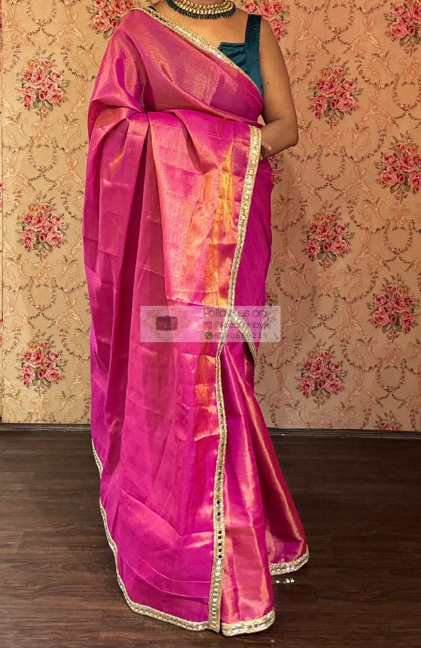 Hot Pink Mirage Saree with Cut Mirror Border kreationbykj