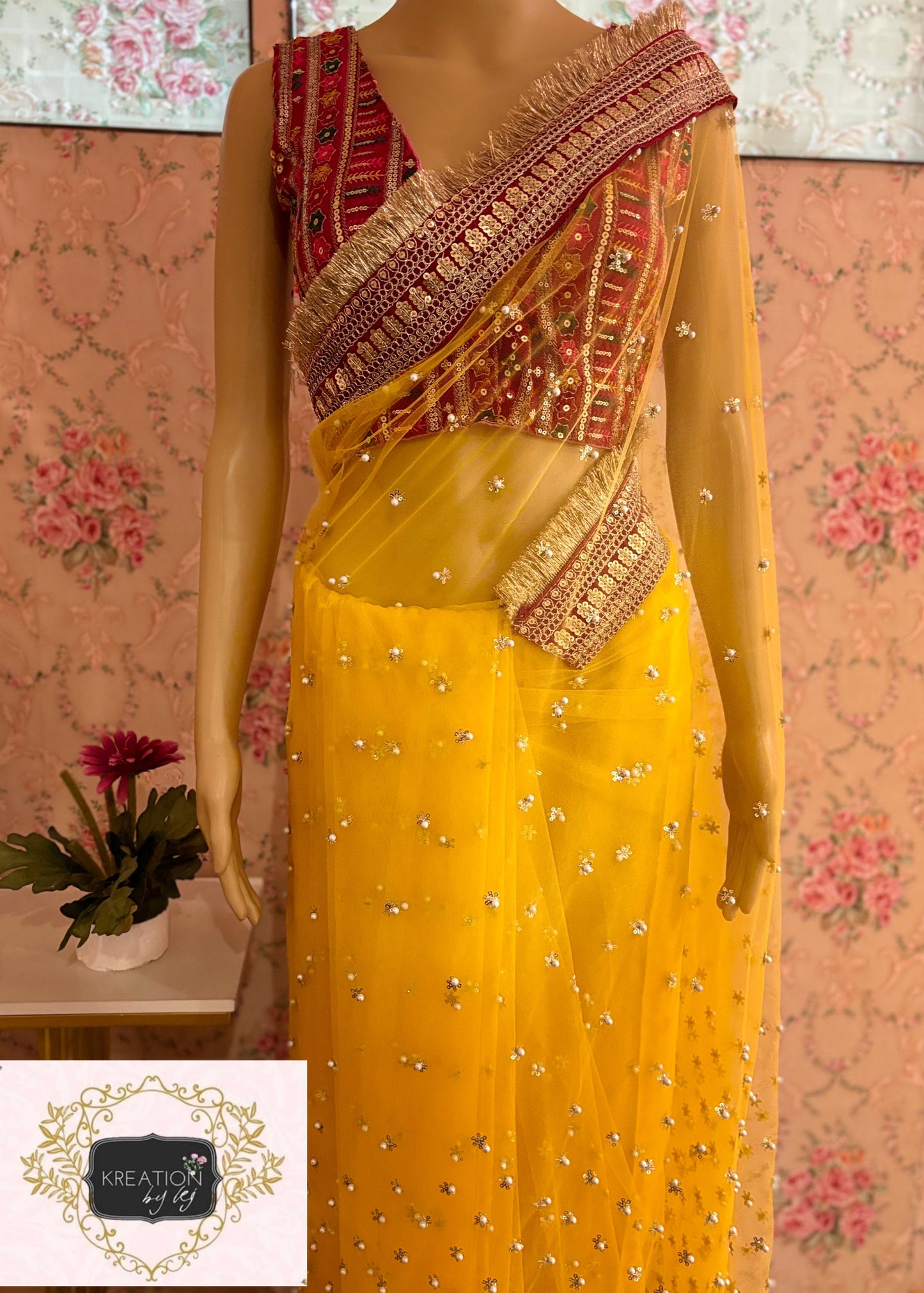 Yellow Jugnoo Banno Saree kreationbykj