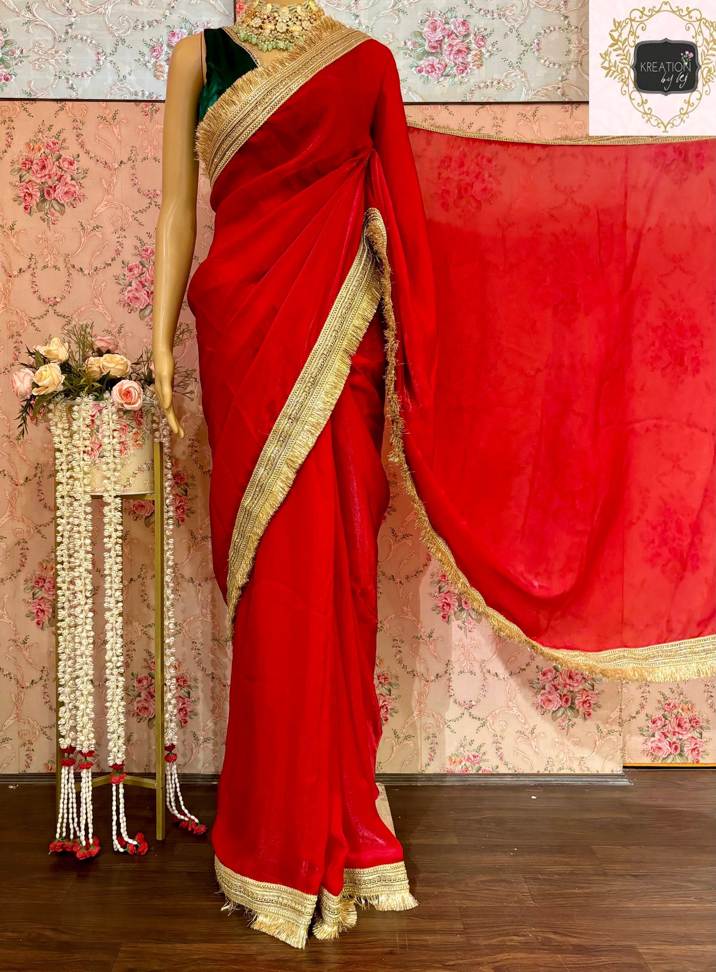 Red Metallic Shimmer Satin Banno Saree kreationbykj