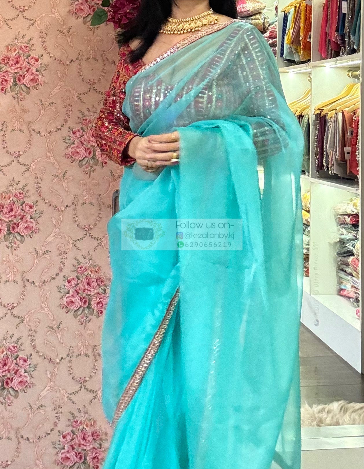 Aqua Blue Organza Saree With Red Cutdana Border kreationbykj