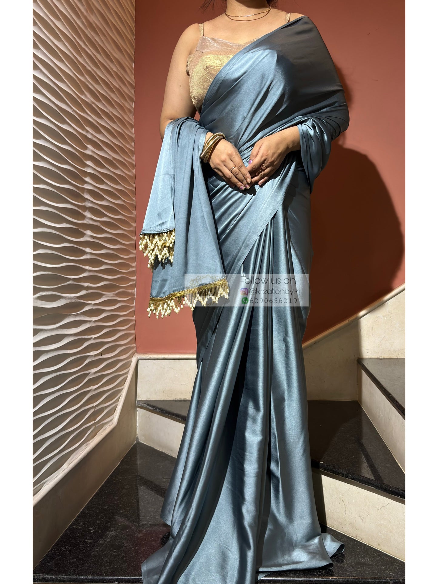 Slate Grey Satin Silk Saree with Handmade Tassels on Pallu kreationbykj