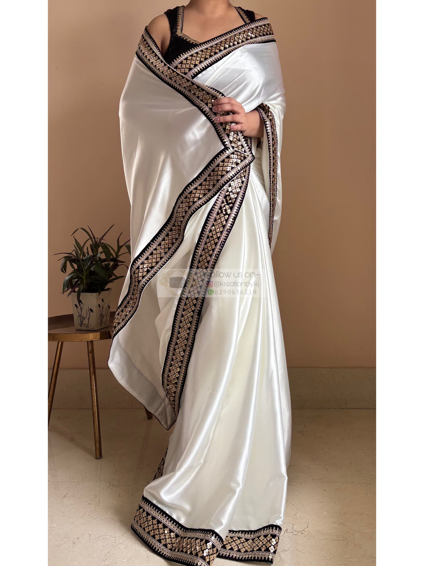 Cream Satin Silk Saree with Black Border Party Wear - kreationbykj