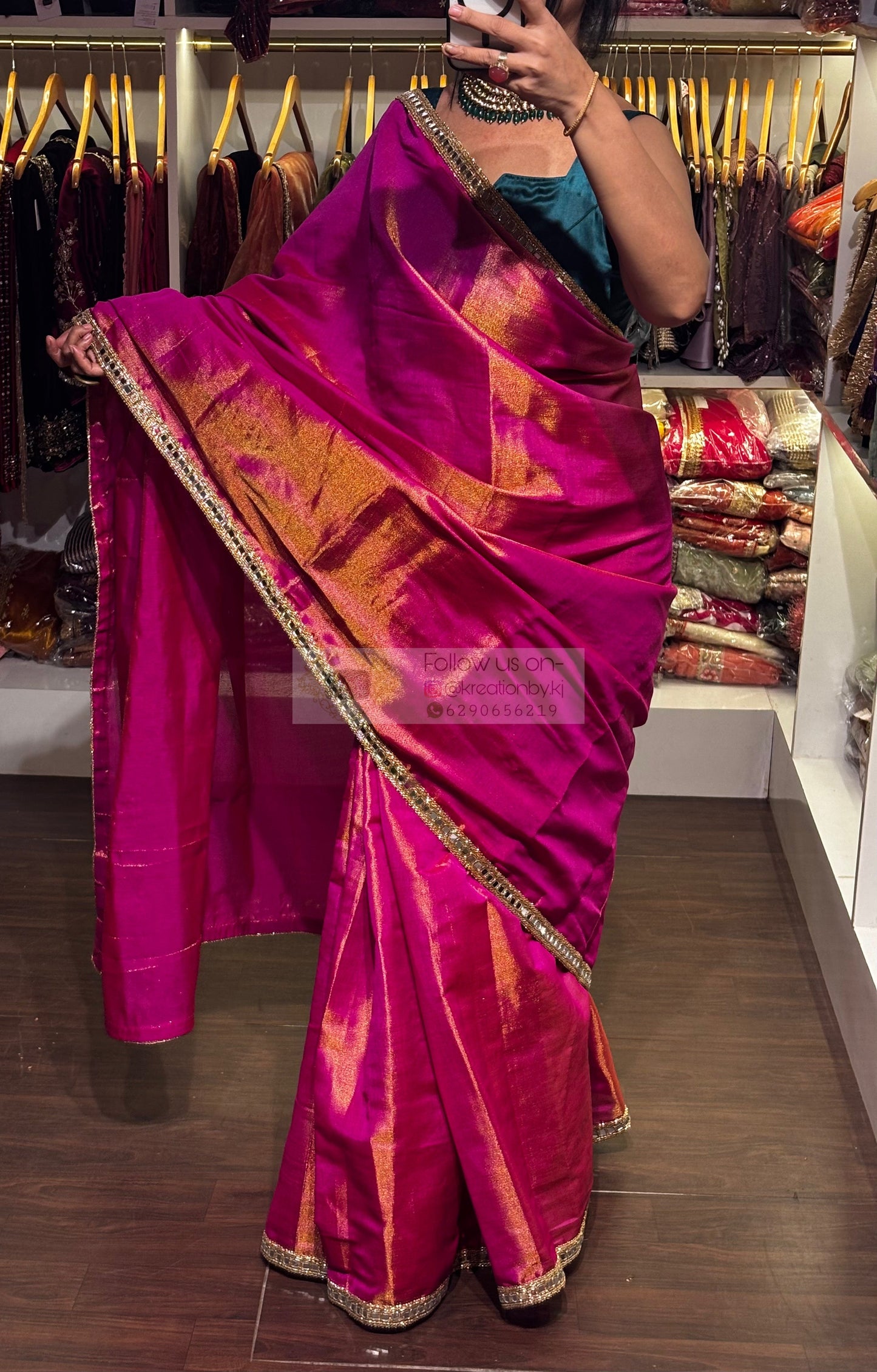 Hot Pink Mirage Saree with Cut Mirror Border kreationbykj