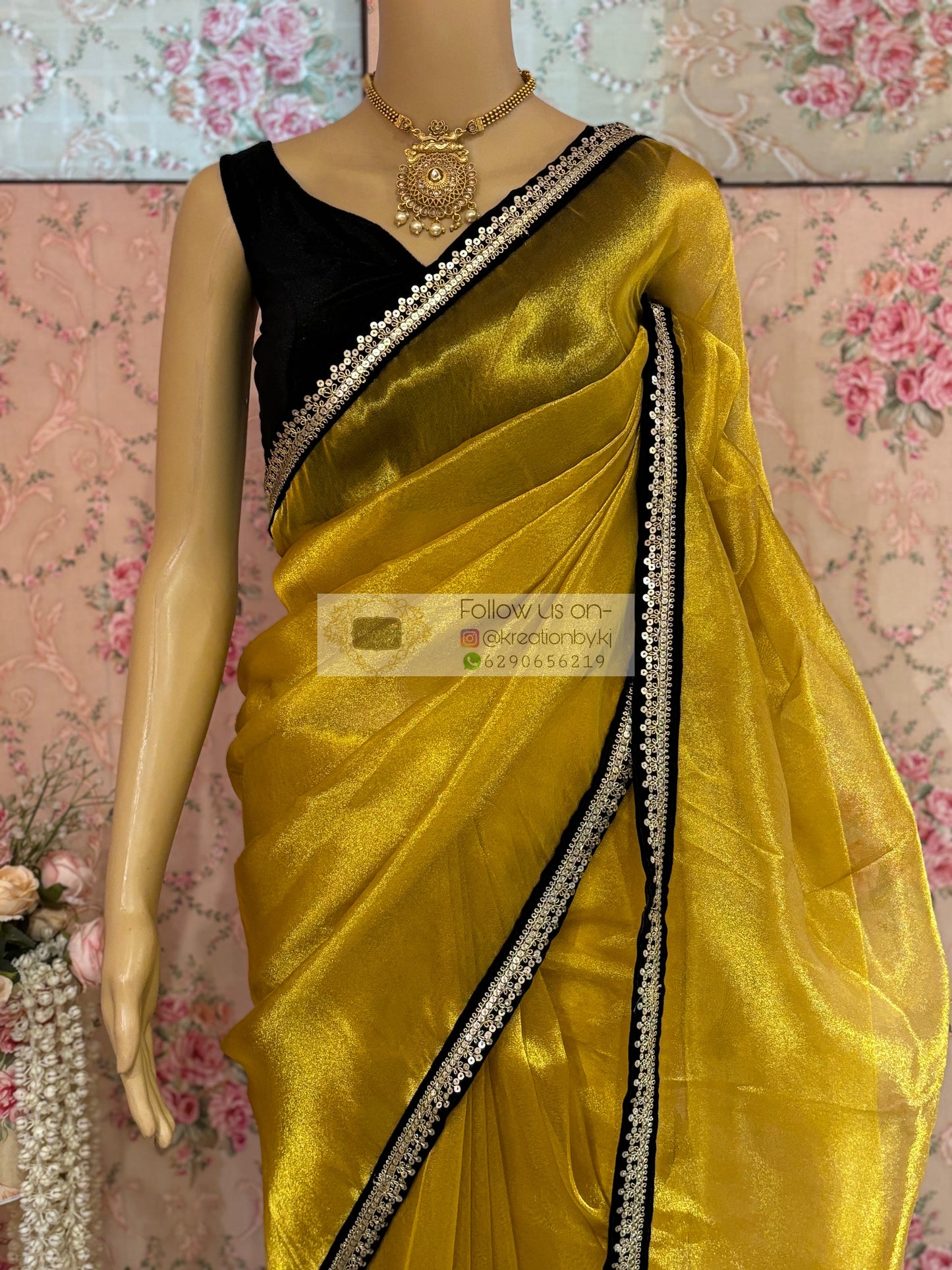 Golden Yellow Zari Tissue Cocktail Saree kreationbykj