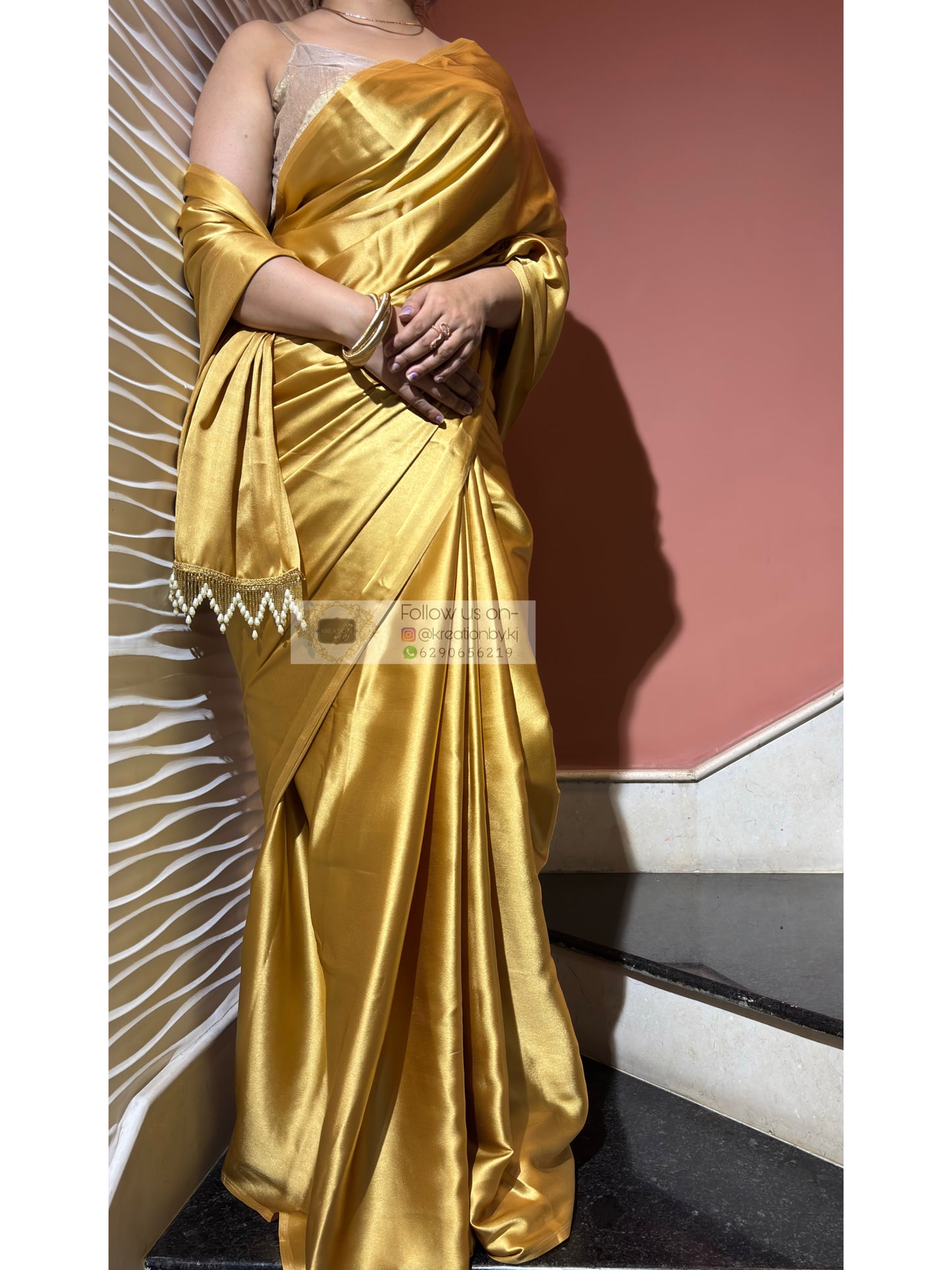 Golden mustard Satin Silk Saree with Handmade Tassels on Pallu - kreationbykj