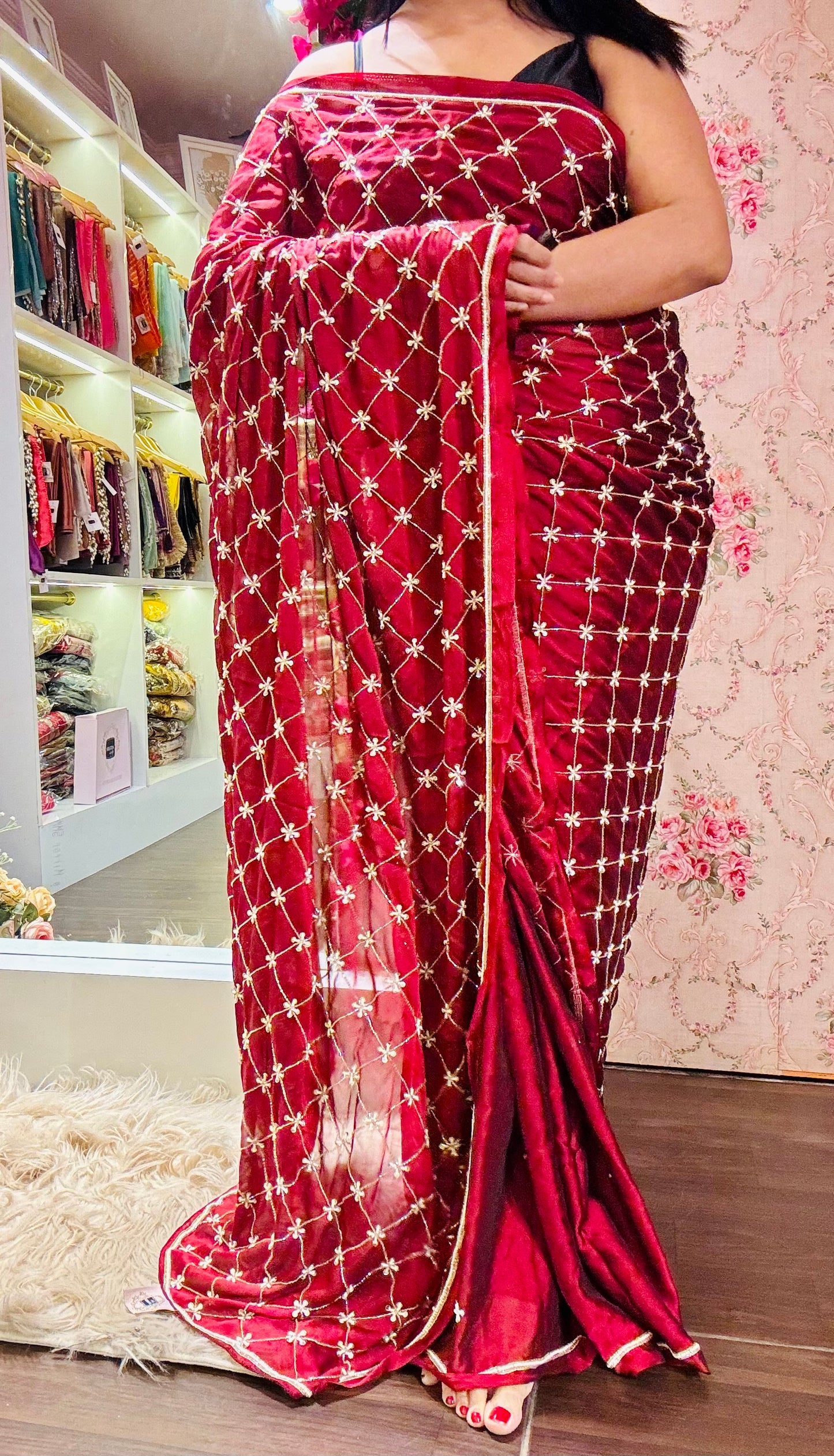 Maroon Georgette Cutdana Jaal Saree - kreationbykj