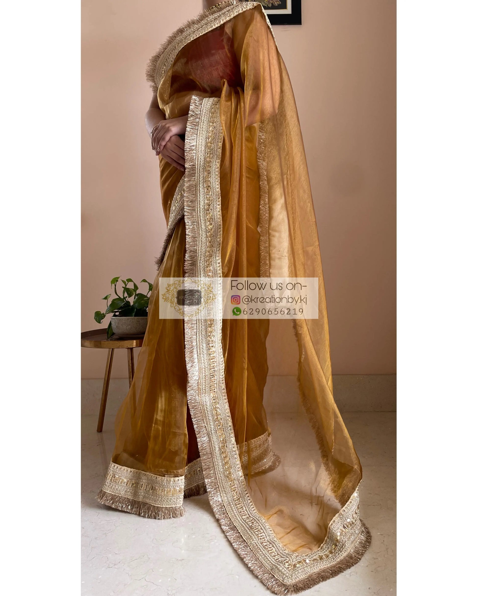 Ochre Glass Tissue Saree Banno Saree kreationbykj