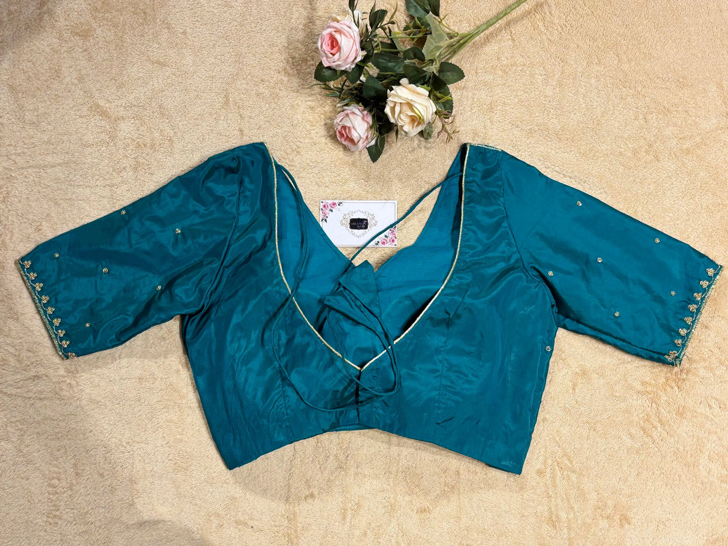 Teal Blue Silk Blouse With Embroidery kreationbykj