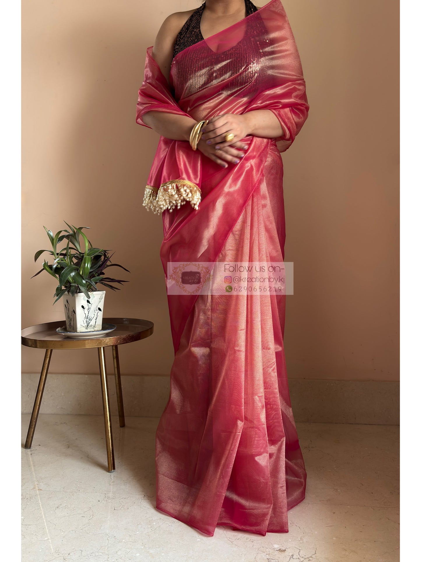 Rose Pink Tissue Net Bridal  Saree kreationbykj