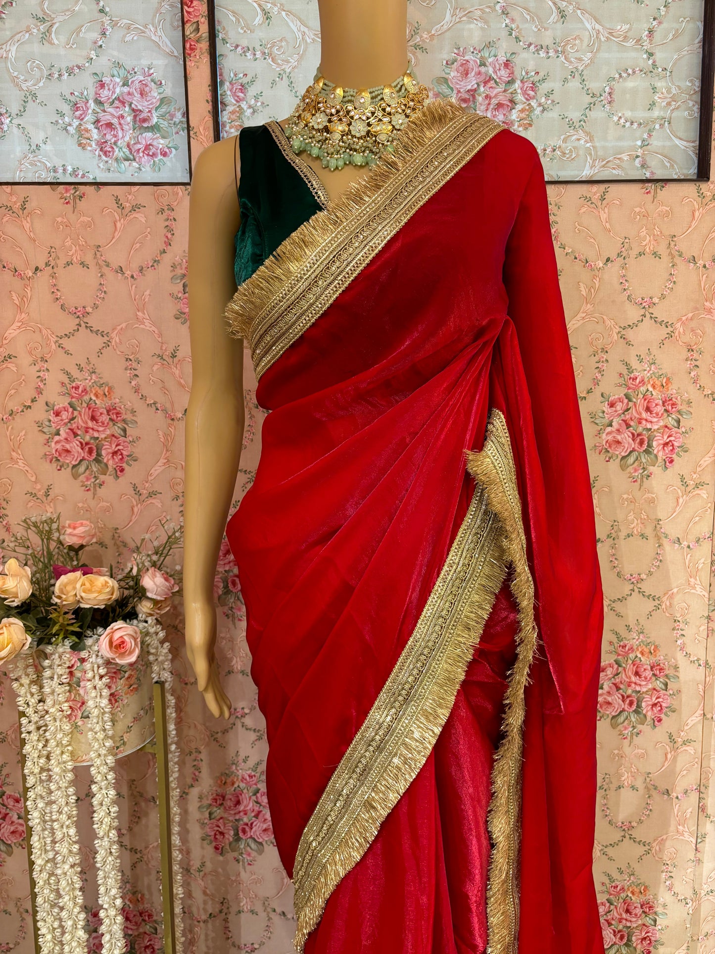 Red Metallic Shimmer Satin Banno Saree kreationbykj