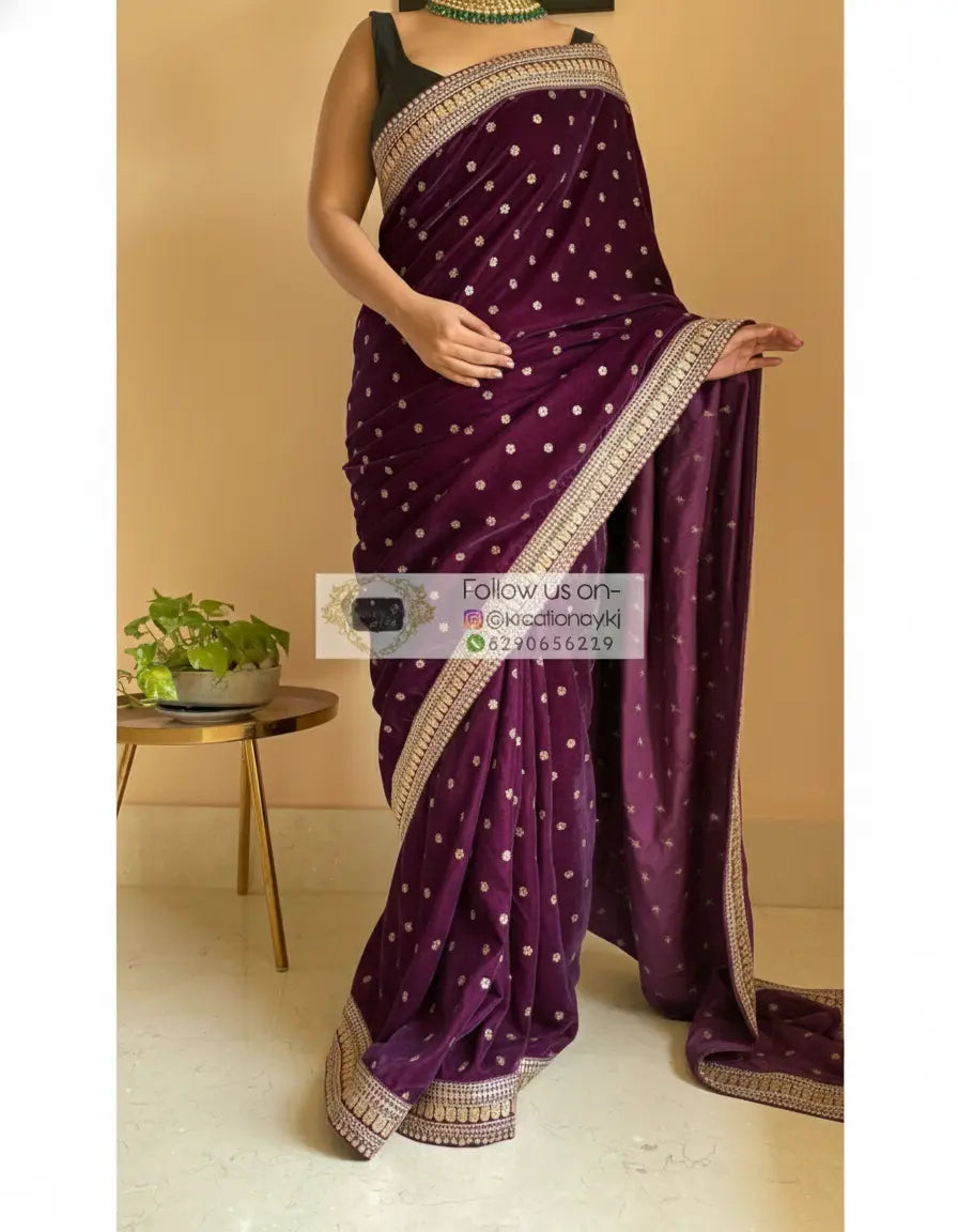 Purple Wine Velvet Saree With Border Kreation by KJ
