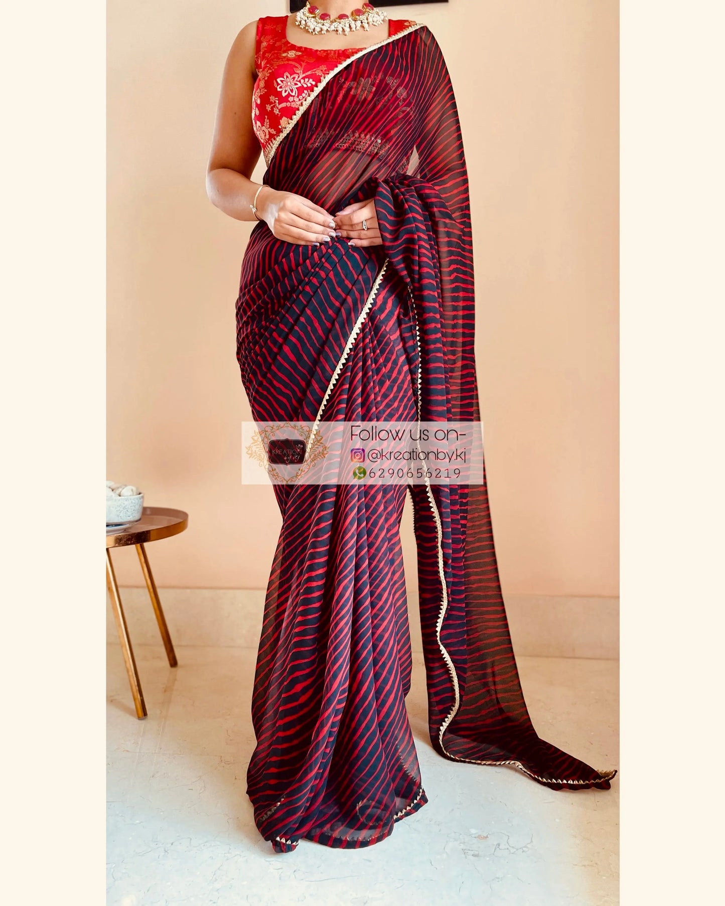 Black and Maroon Georgette Leheriya Saree kreationbykj
