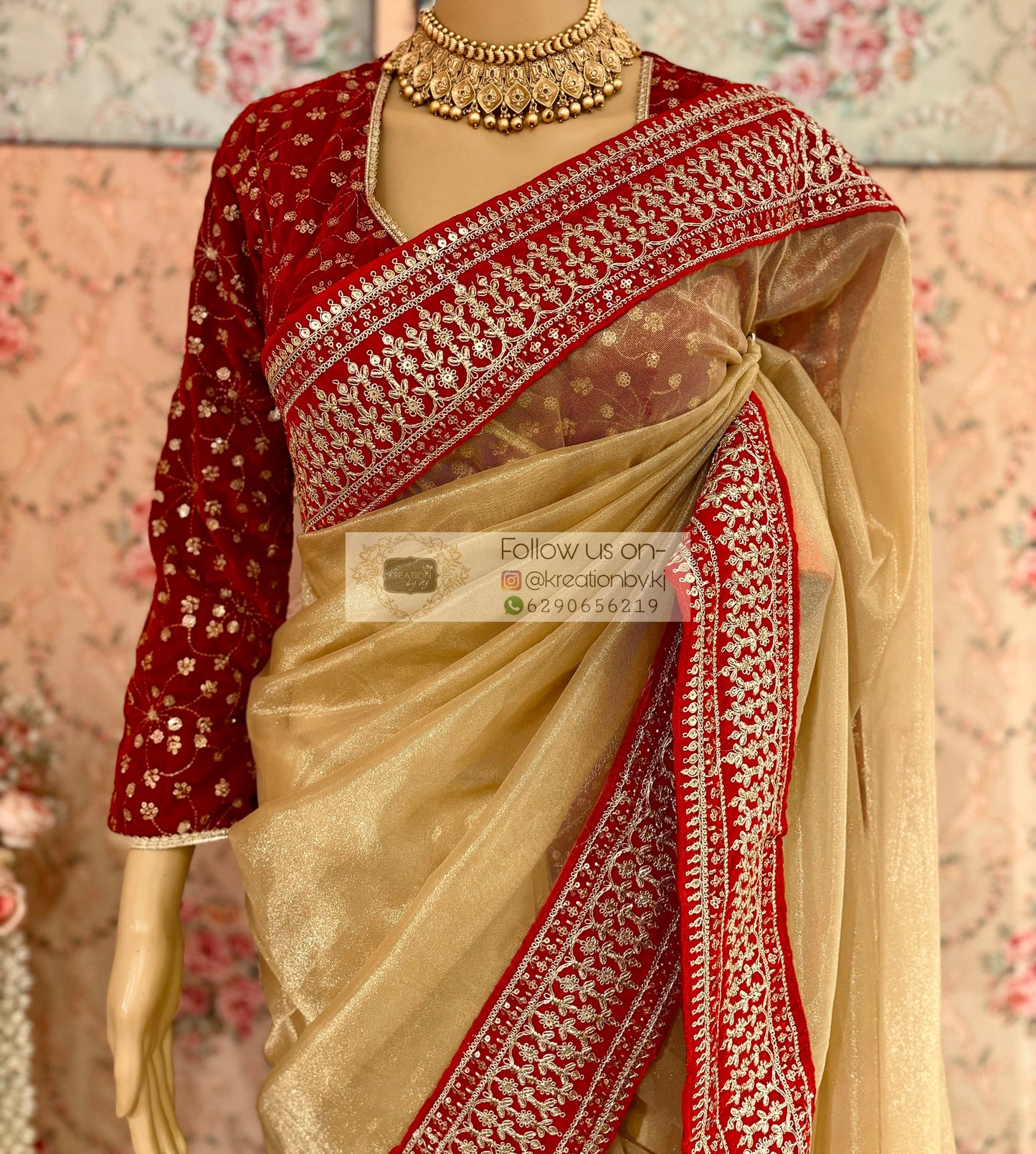 Beige Tissue Net Bridal Saree with Red Border-Agomoni kreationbykj