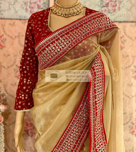 Beige Tissue Net Bridal Saree with Red Border-Agomoni kreationbykj