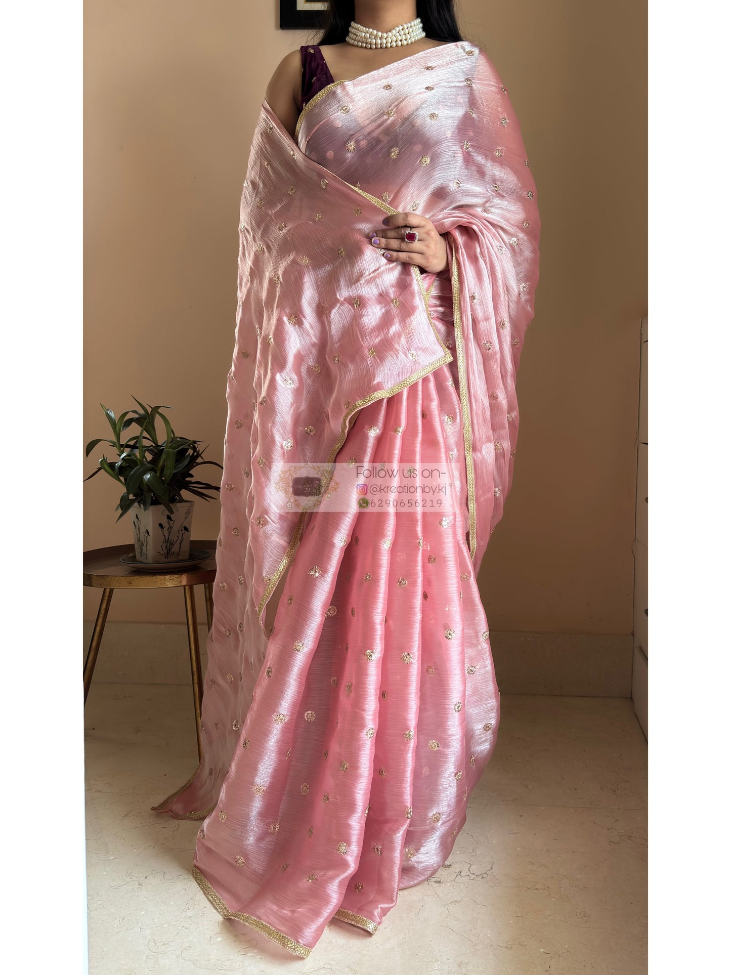 Peach Mettalic Chiffon Saree with Sequin Border