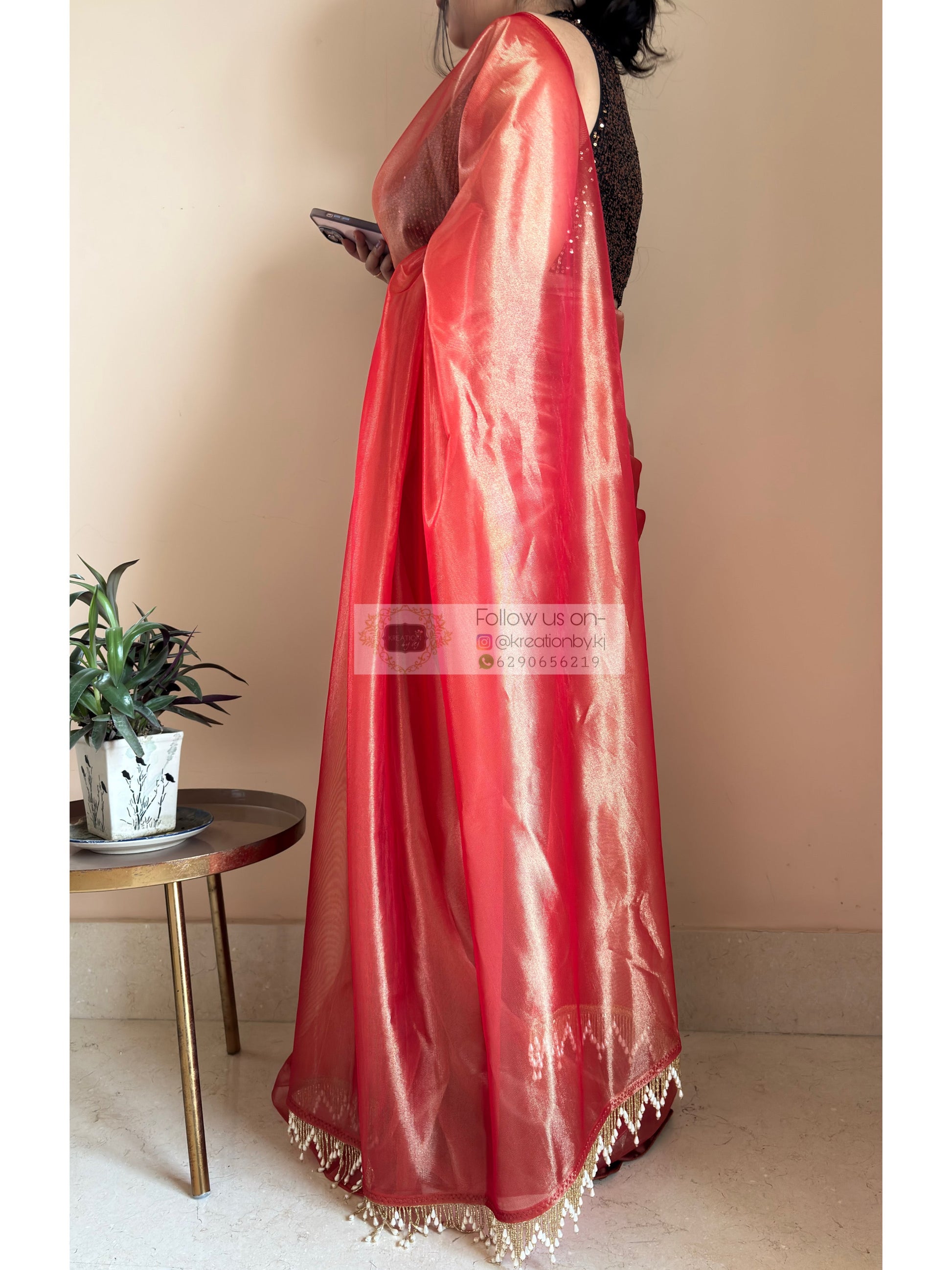 Sunset Orange Tissue Net Saree kreationbykj