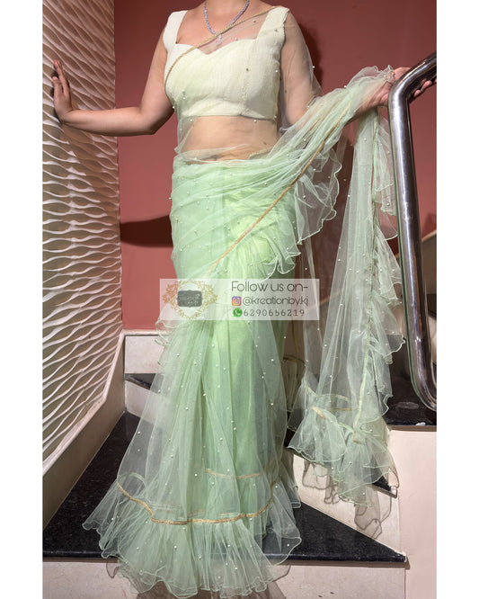 Soft Mint Green Ruffle Net Saree kreationbykj