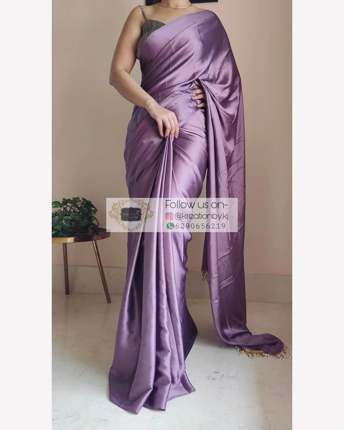 Heather Satin Silk Saree With Handmade Tassels On Pallu kreationbykj.in