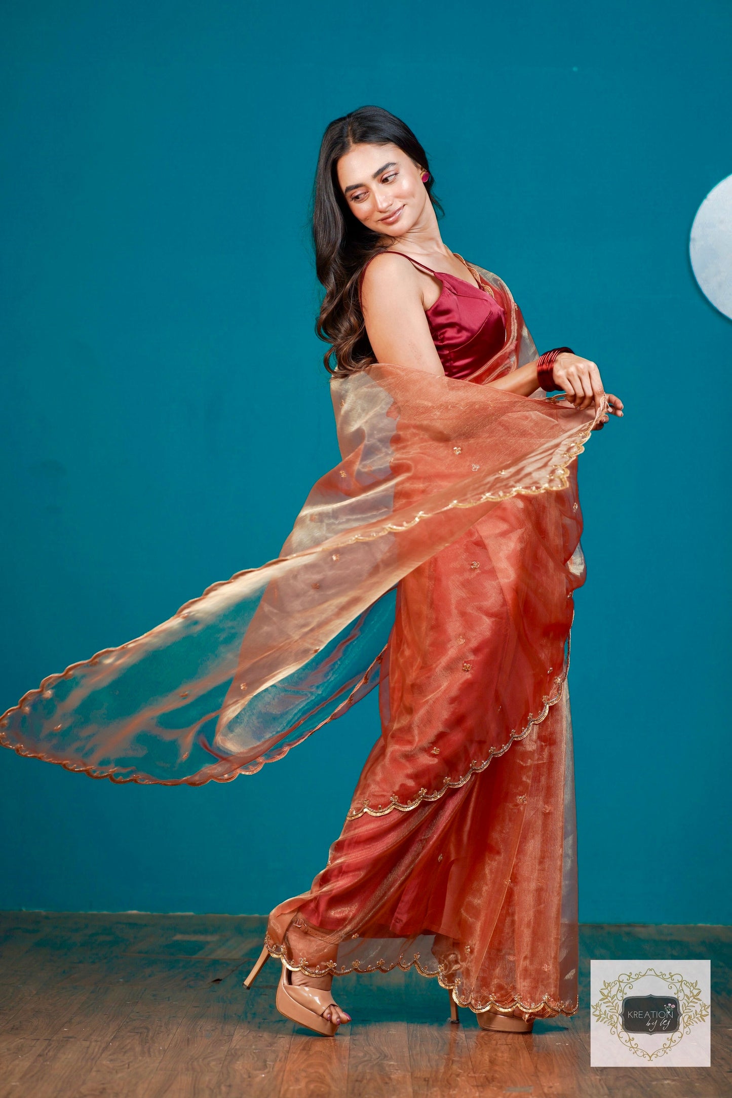 Marigold Glass Tissue Sequin Piyali Saree kreationbykj