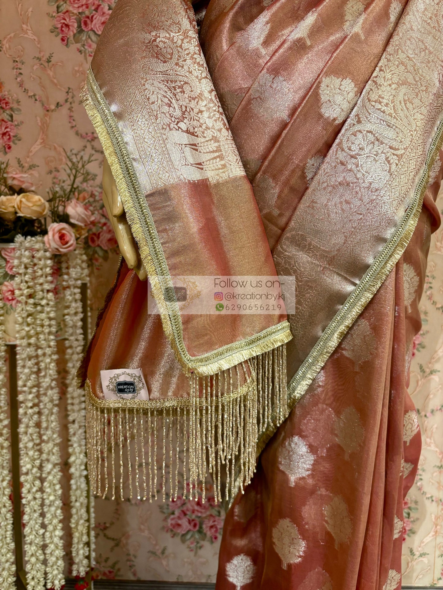Peach Rose Designer Banarasi Tissue Silk Saree kreationbykj