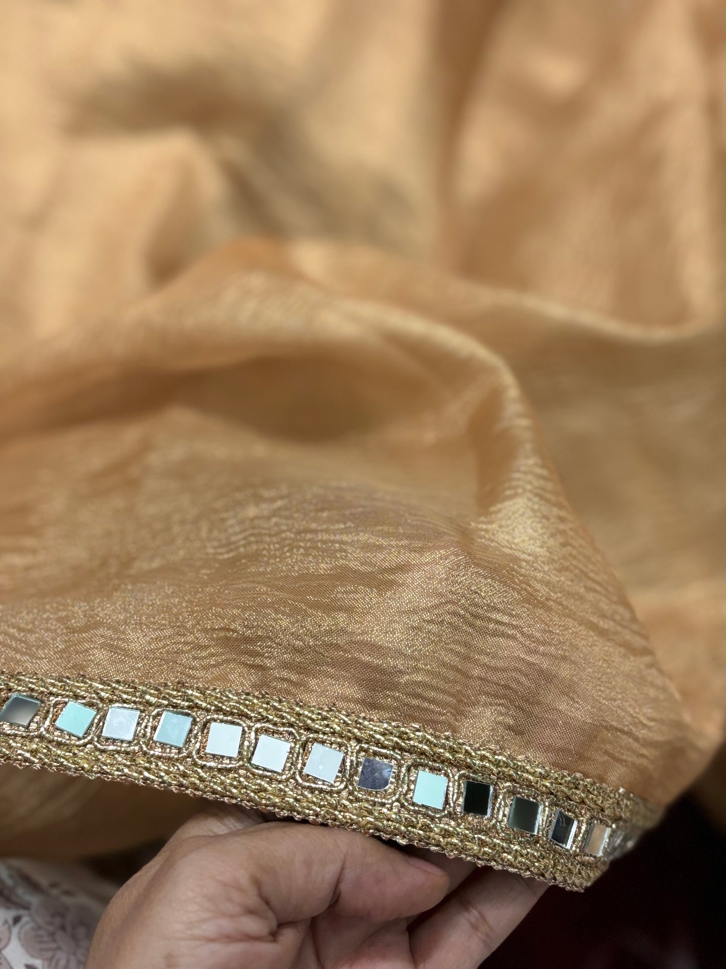Golden Beige Tissue Saree with Mirror Border kreationbykj