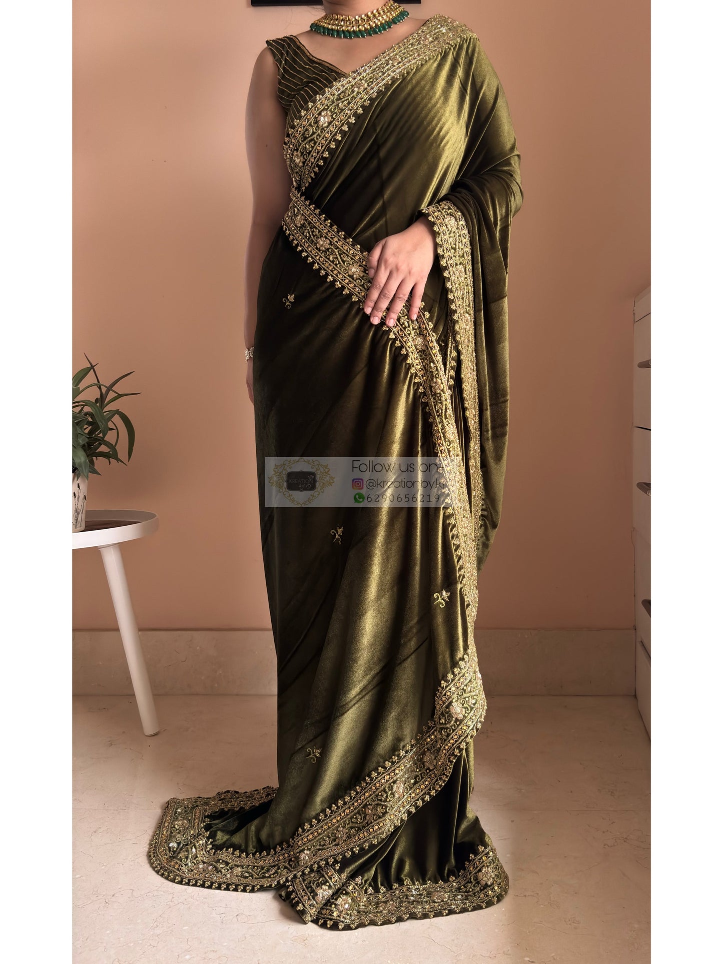 Mehendi Green Velvet Zarina Saree for Wedding Kreation by KJ
