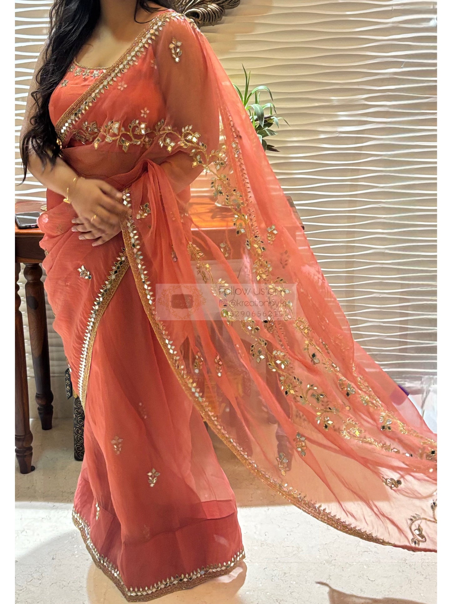 Peach Sheesh Leher Real Mirror Cutwork Saree Kreation by KJ