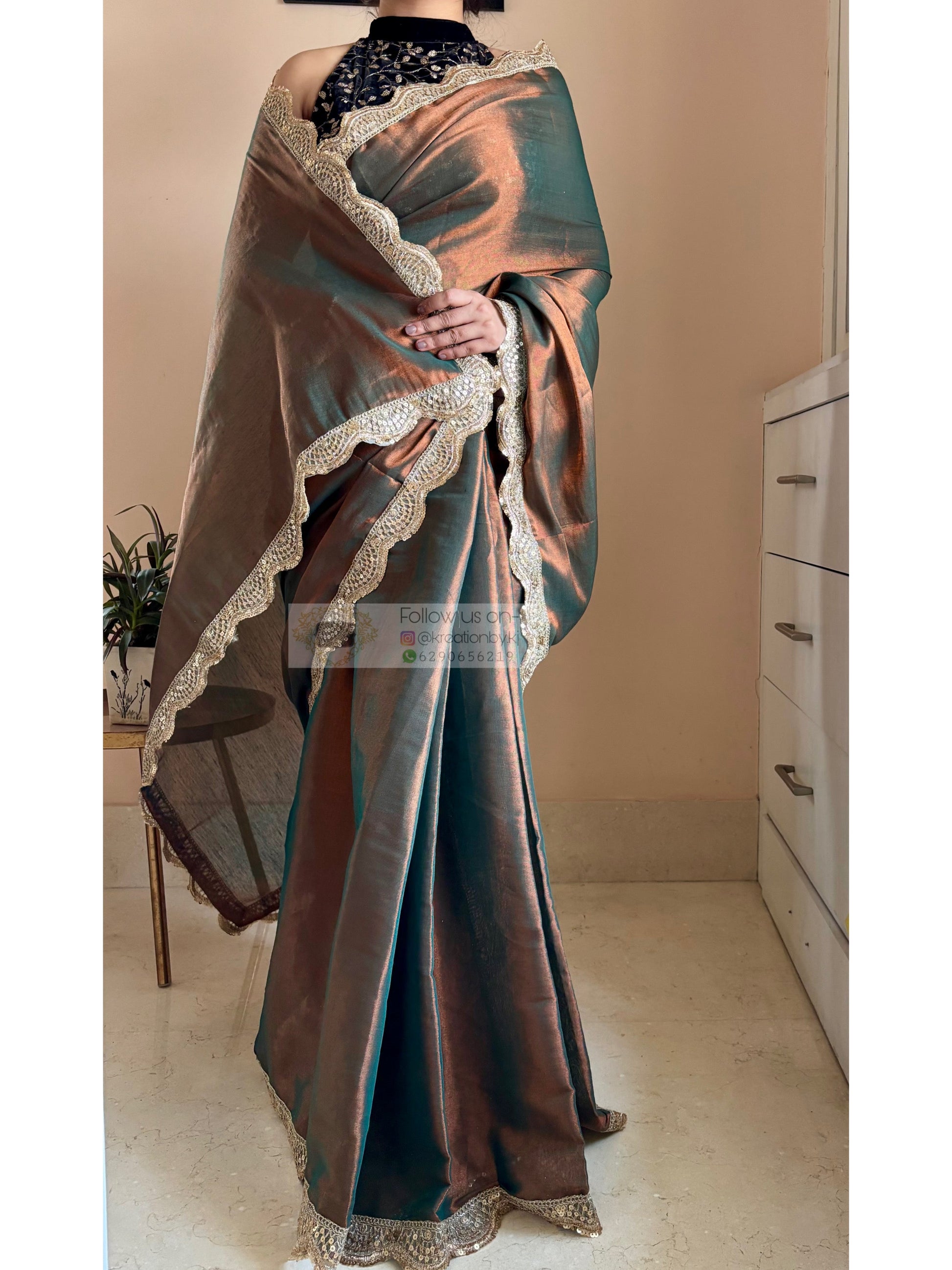 Copper Brown Cotton Tissue Saree with Mehraab Border kreationbykj