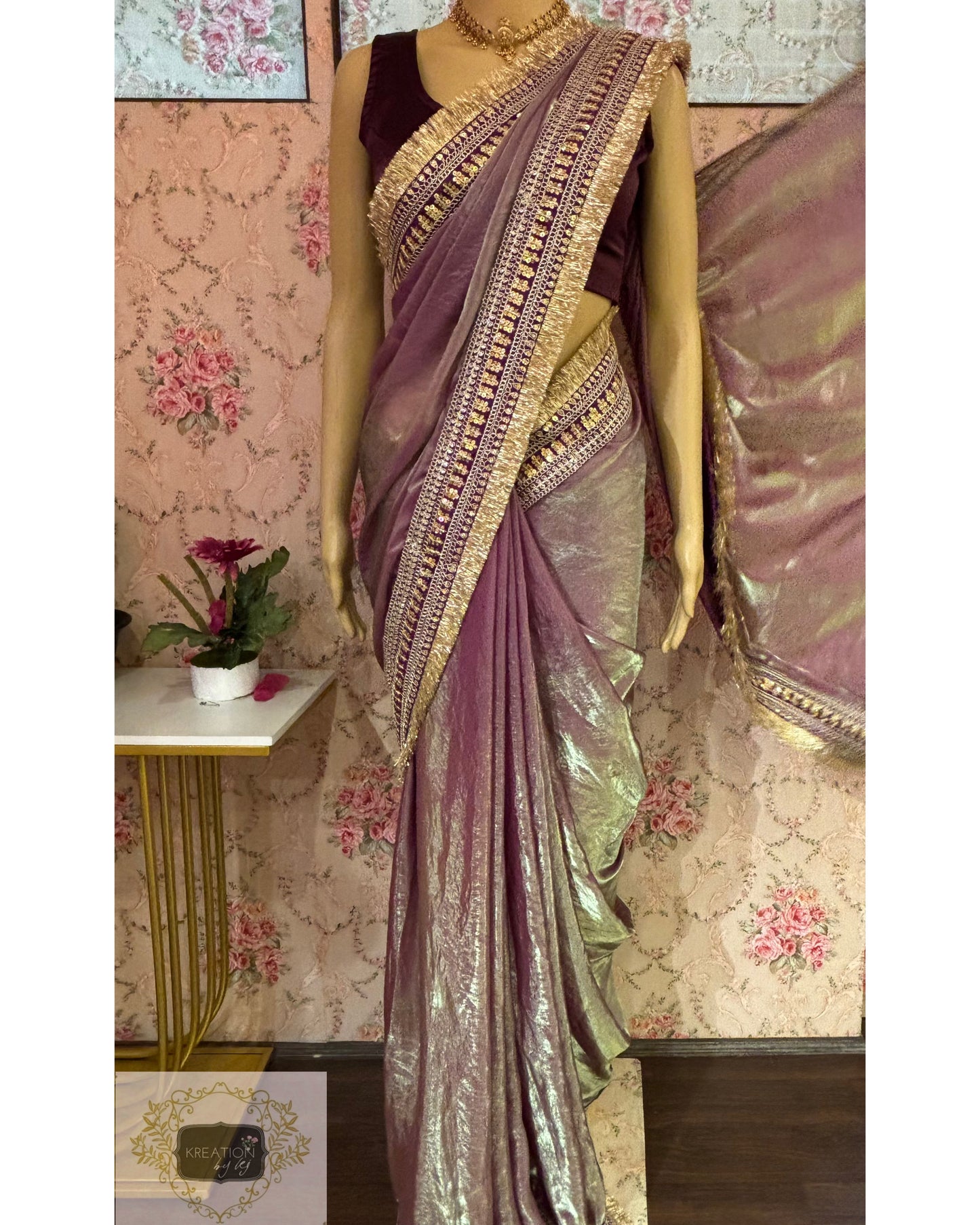 Mauve Metallic Shimmer Satin Banno Saree kreationbykj