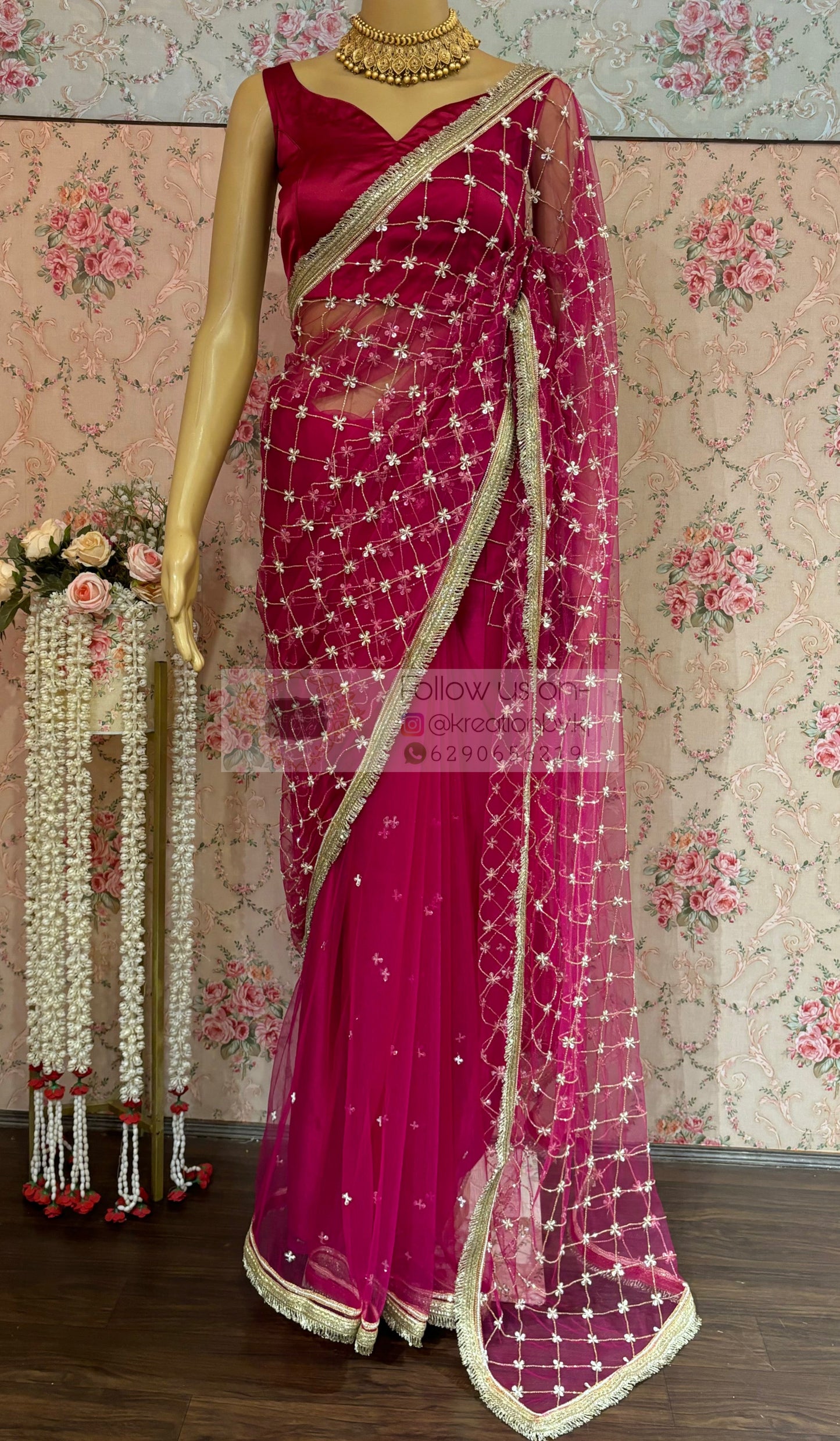 Hot Pink Cutdana Jaal Net Saree kreationbykj