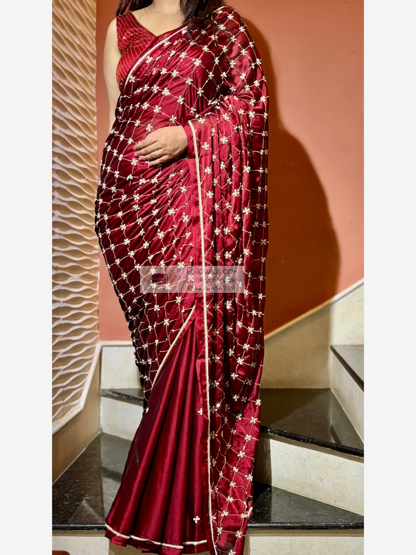 Maroon Georgette Cutdana Jaal Saree kreationbykj