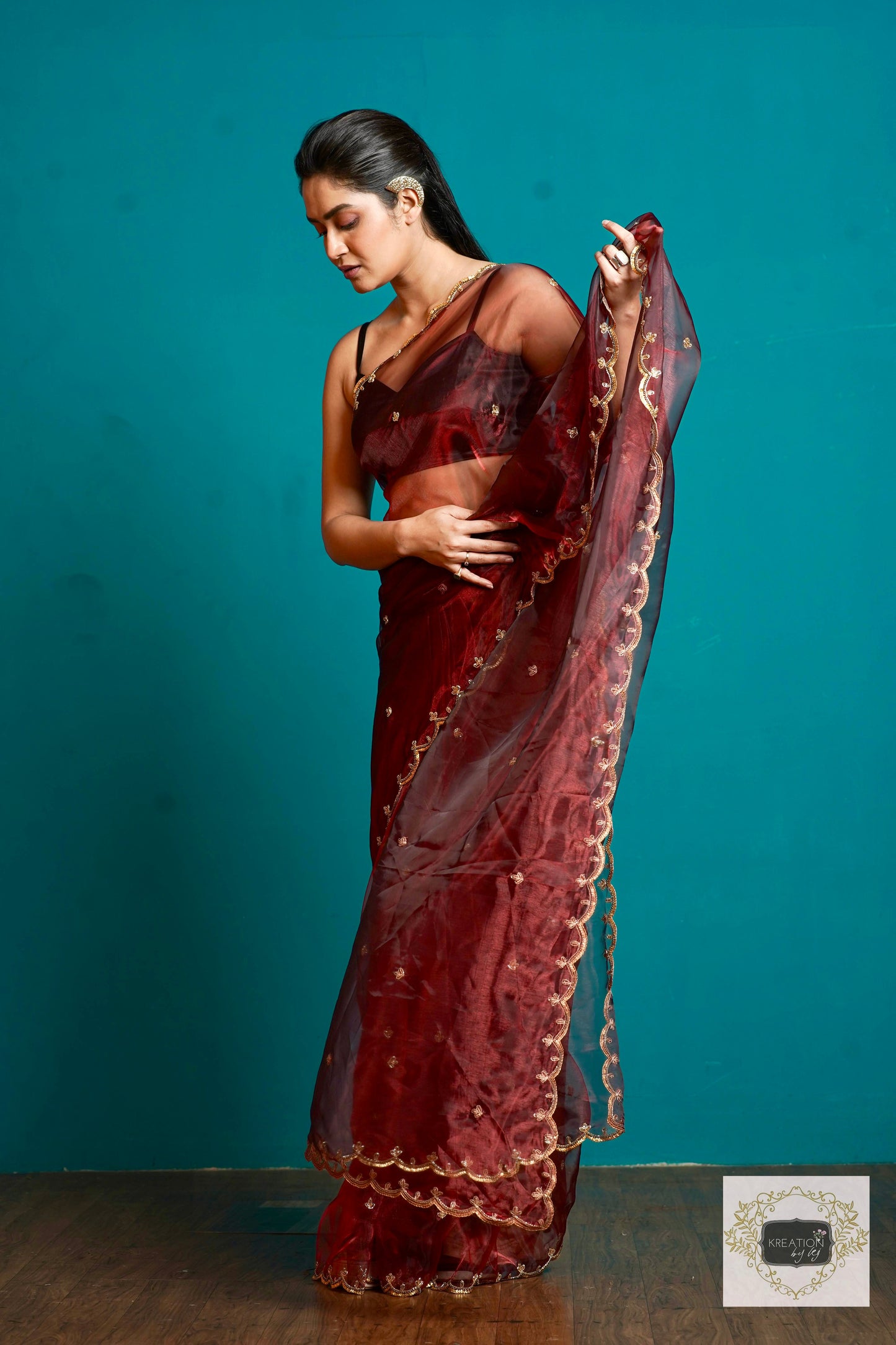 Maroon Glass Tissue Sequin Piyali Saree kreationbykj