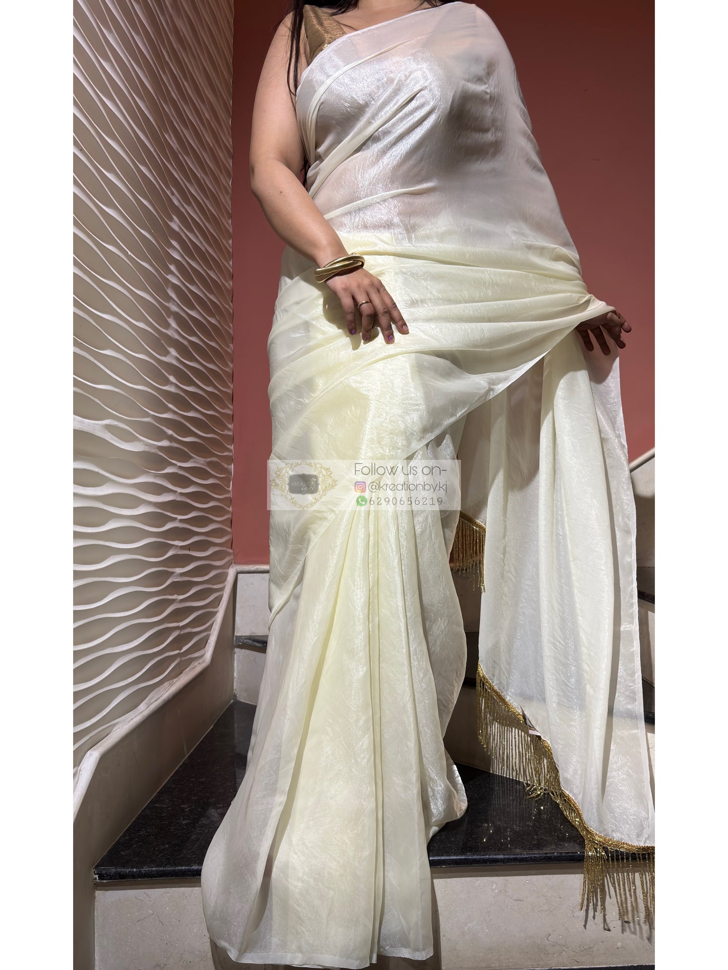 Cream Dream Shimmer Satin Saree - kreationbykj