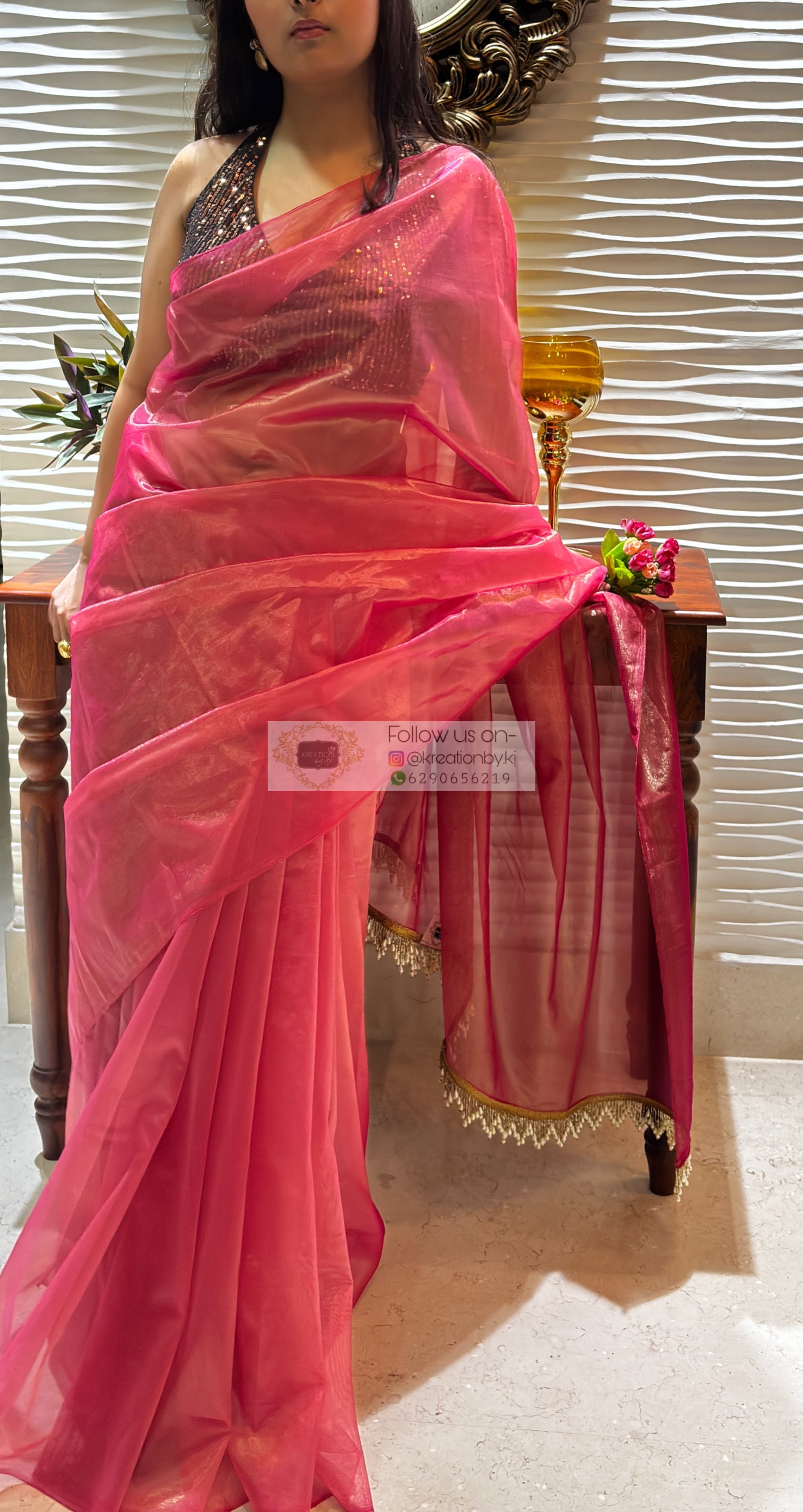 Rose Pink Tissue Net Bridal  Saree kreationbykj