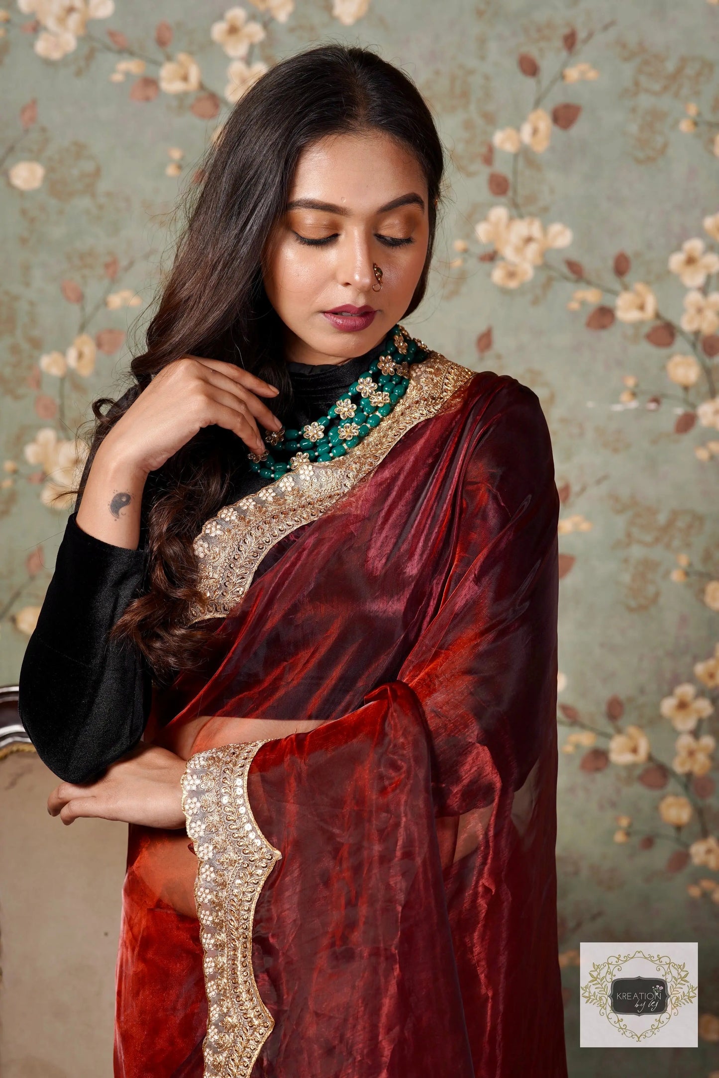 Maroon Glass Tissue with Golden  Border Saree kreationbykj
