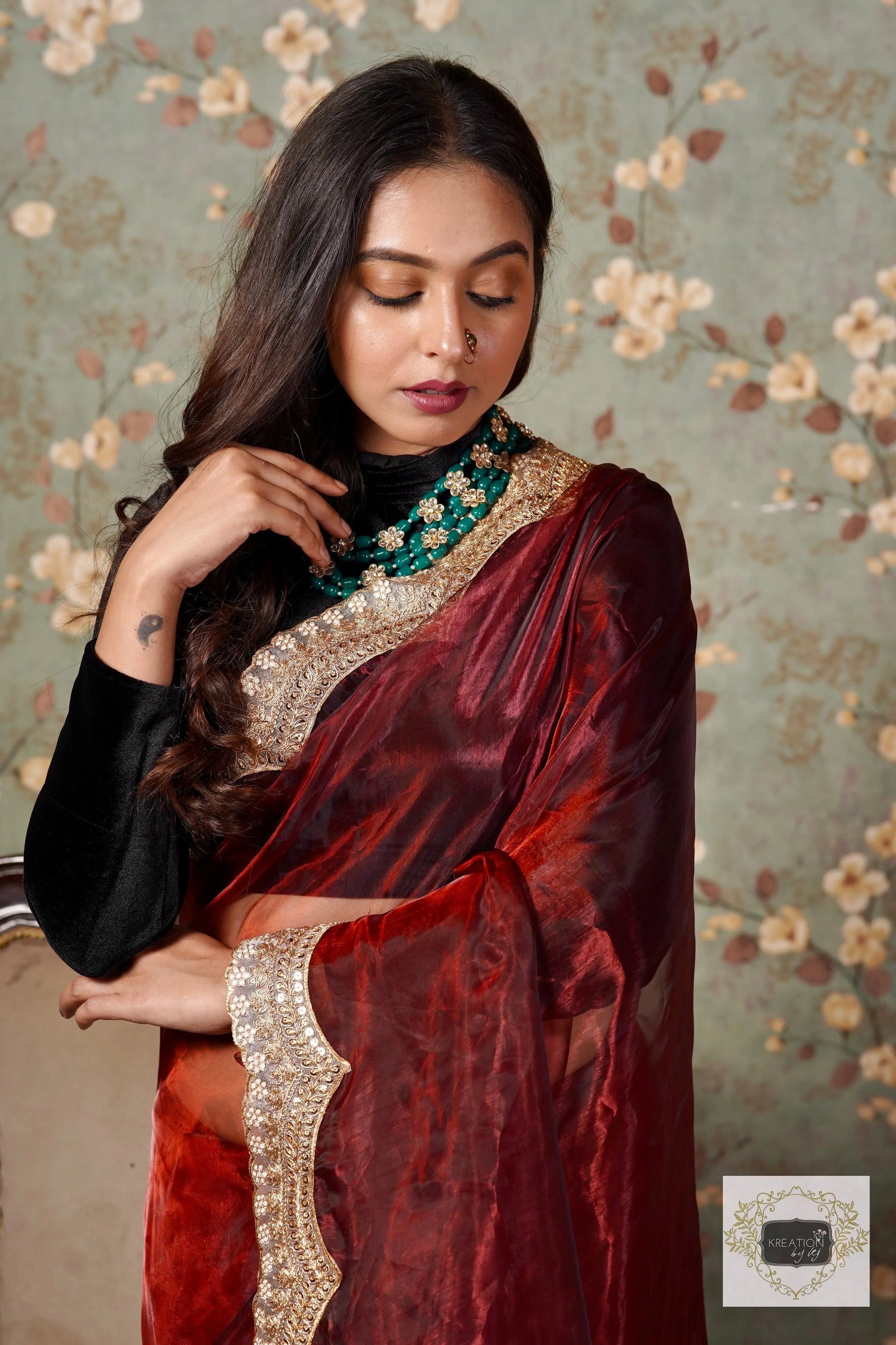 Maroon Glass Tissue with Golden  Border Saree kreationbykj