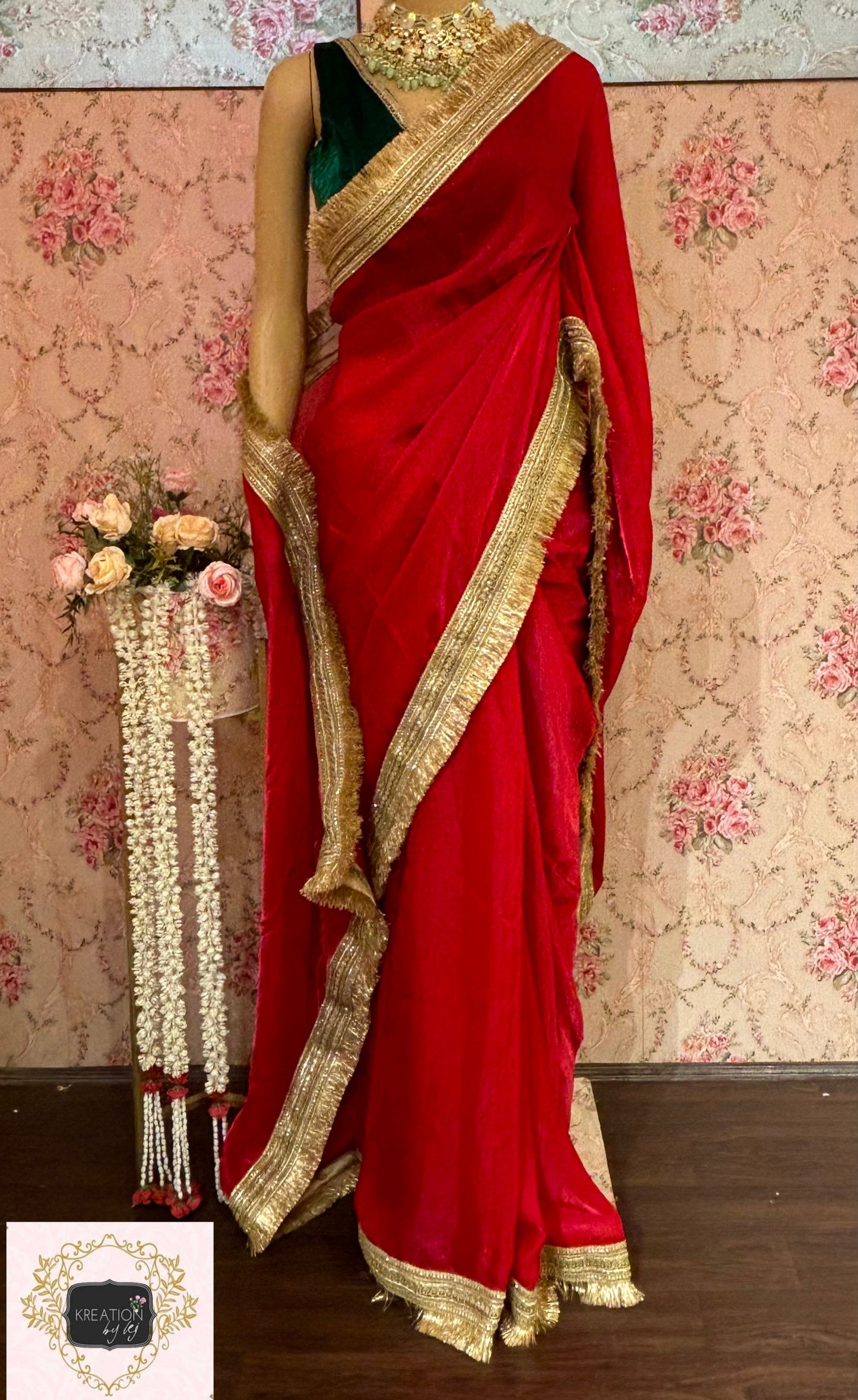 Red Metallic Shimmer Satin Banno Saree kreationbykj