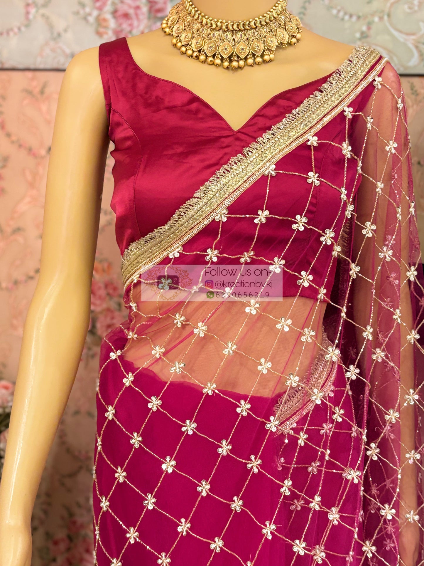 Hot Pink Cutdana Jaal Net Saree kreationbykj