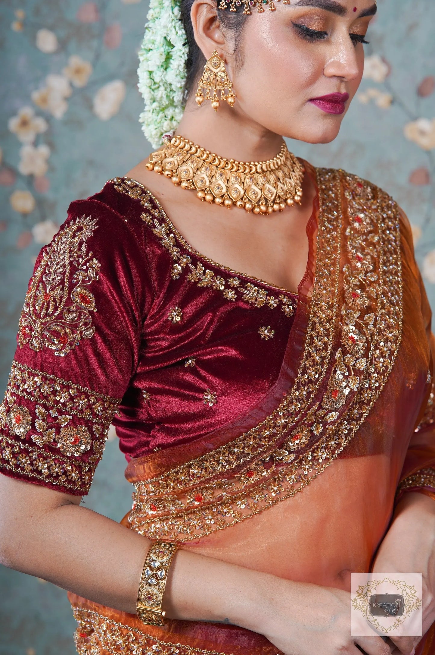 Burgundy Velvet Bridal Blouse Piece with Zardosi Work kreationbykj