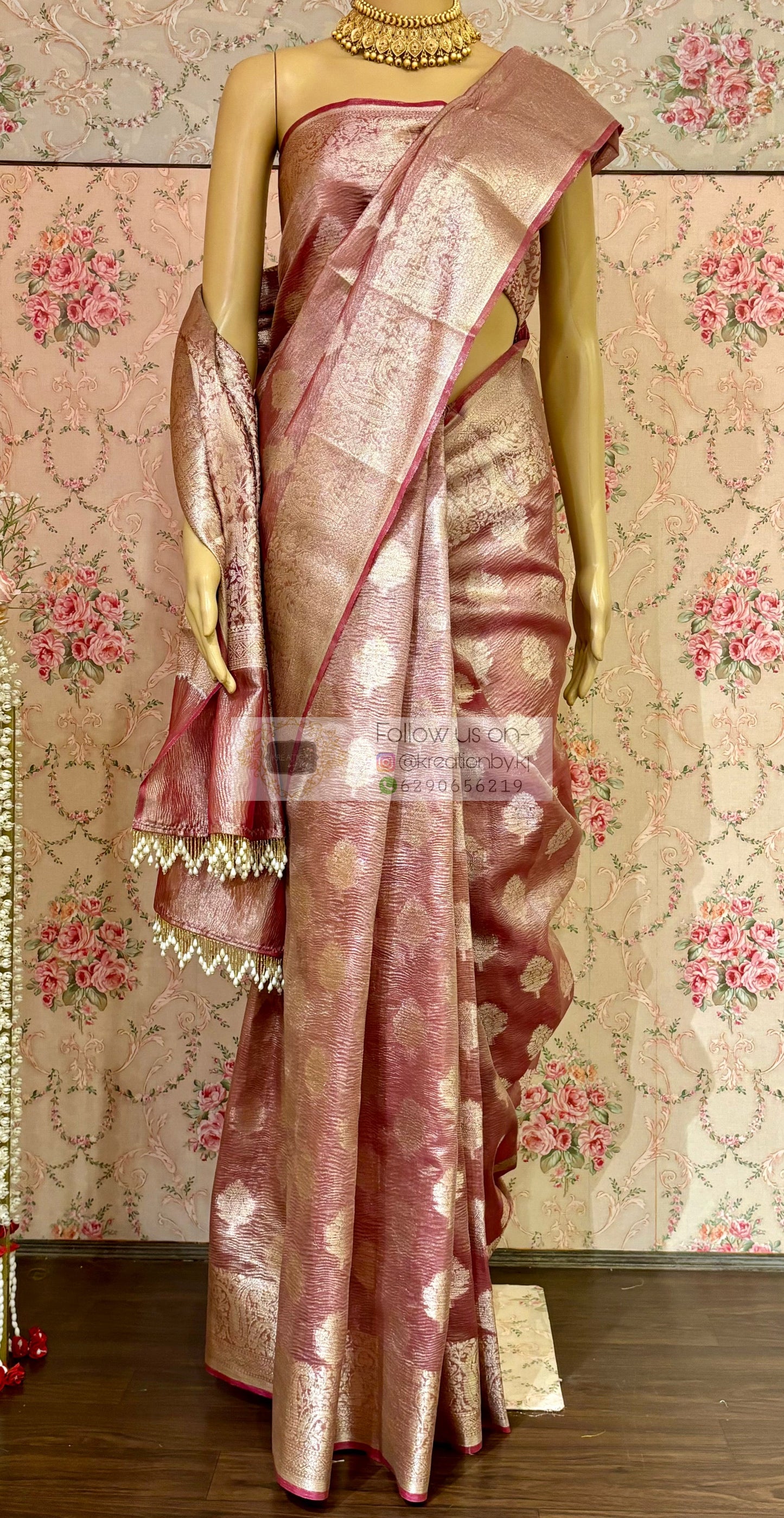 Dusty Mauve Banarasi Crushed Tissue Saree kreationbykj