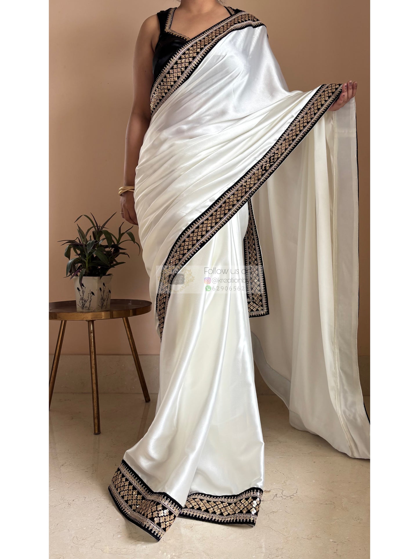 Cream Satin Silk Saree with Black Border Party Wear - kreationbykj