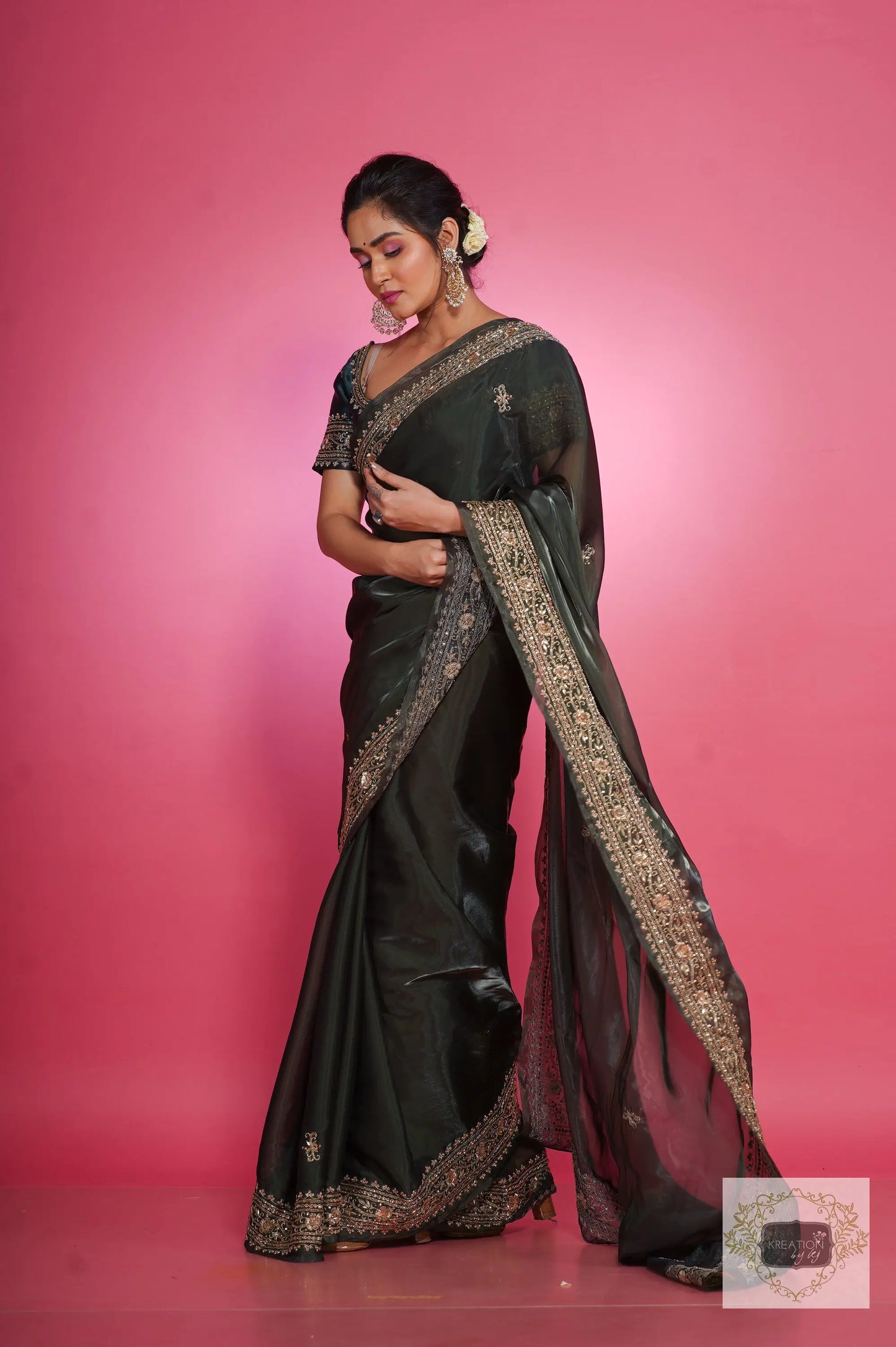 Dark Green Zarina Glassy Organza Saree kreationbykj