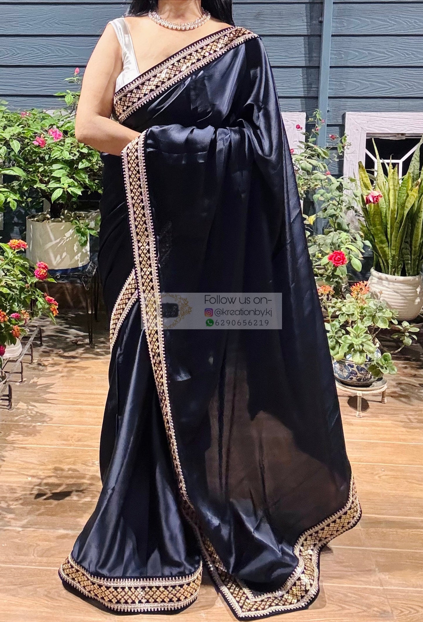 Dark Navy Blue Satin Silk Saree with Black Border kreationbykj